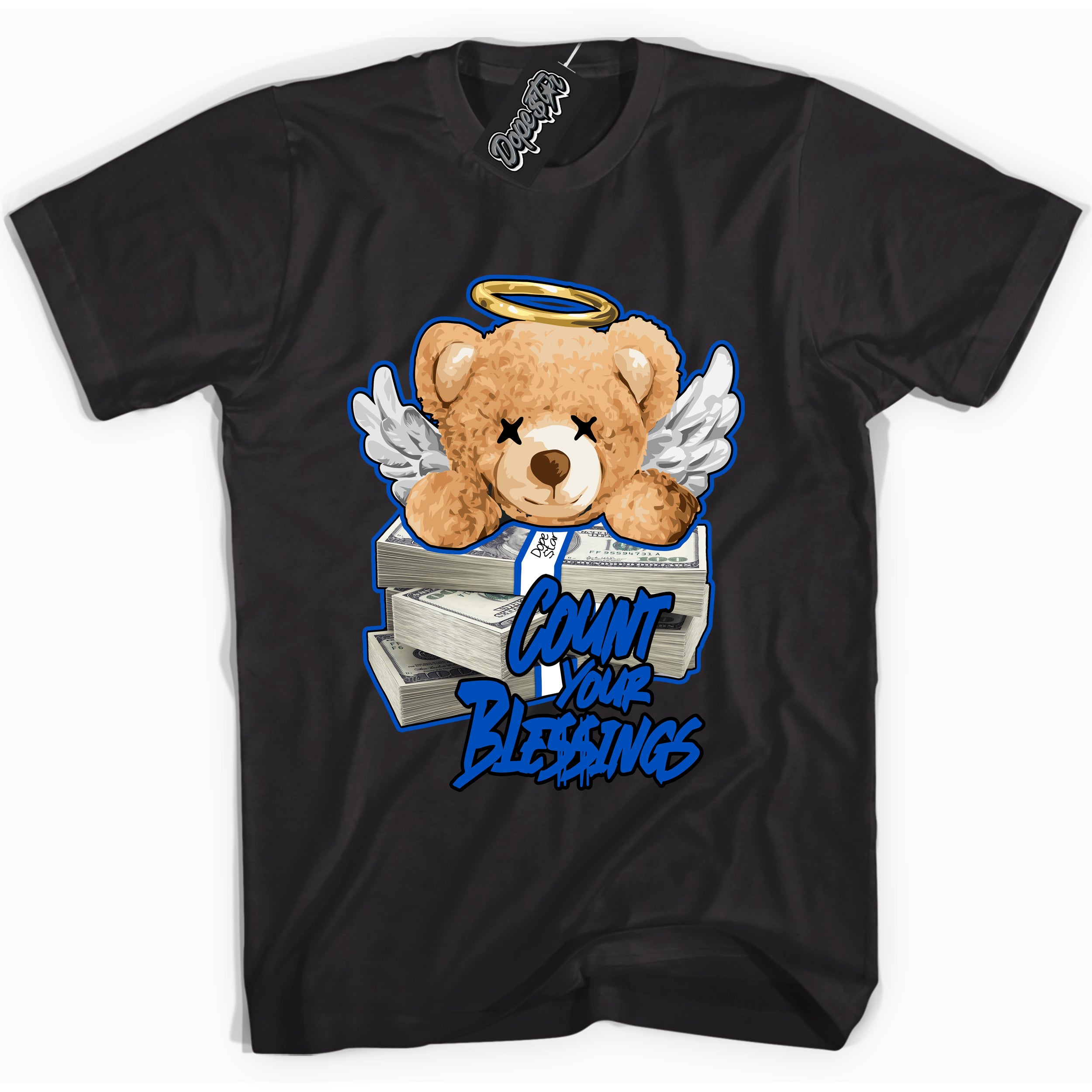 Cool Black graphic tee with "Count Your Blessings" design, that perfectly matches Royal Reimagined 1s sneakers