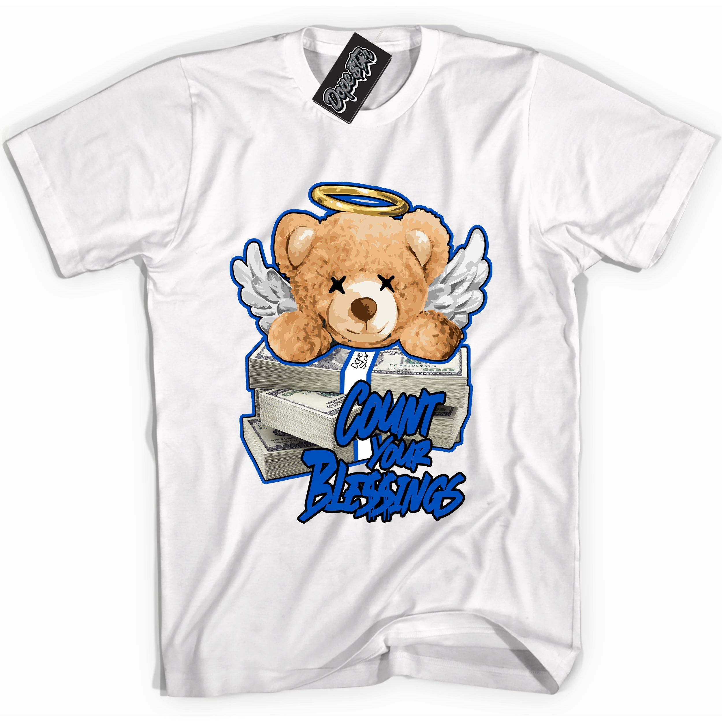 Cool White graphic tee with "Count Your Blessings" design, that perfectly matches Royal Reimagined 1s sneakers