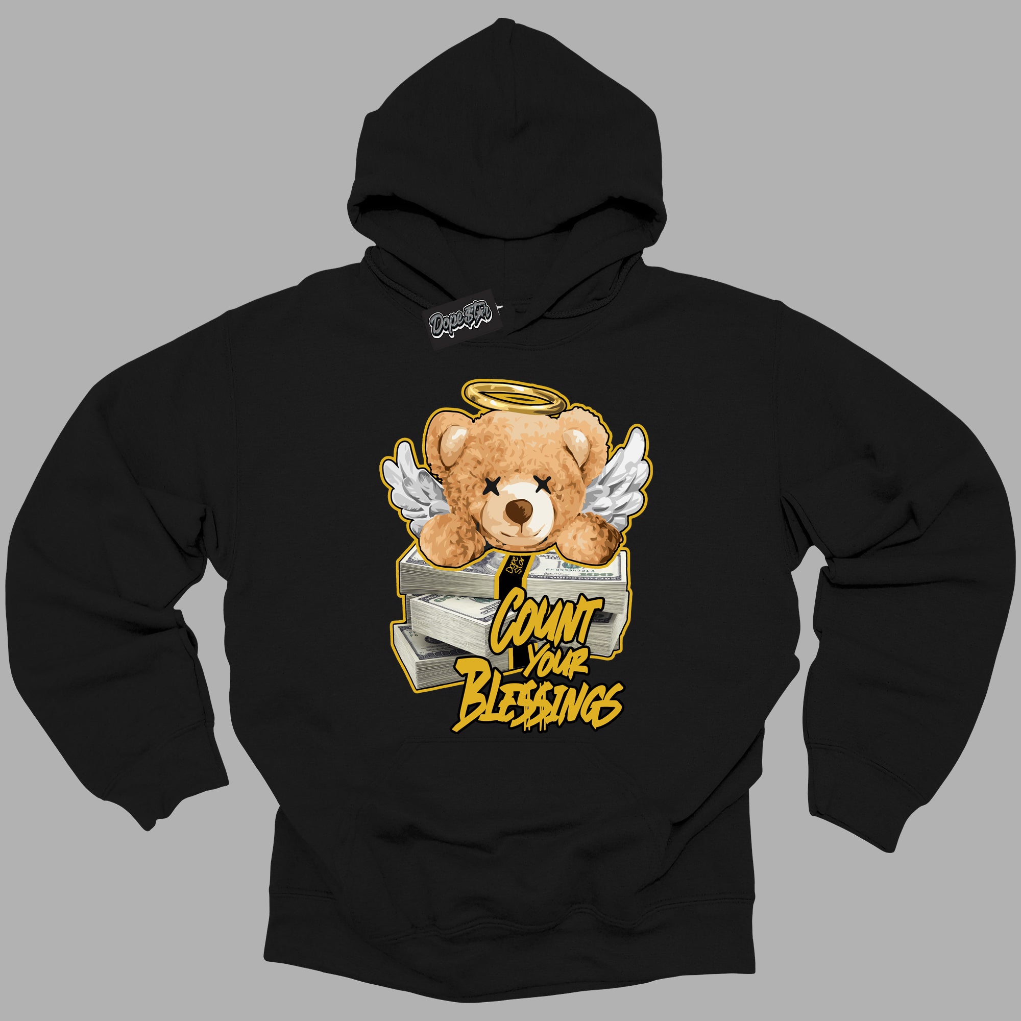 Cool Black Hoodie with “ Count Your Blessings ” design that Perfectly Matches Yellow Ochre 6s Sneakers.c