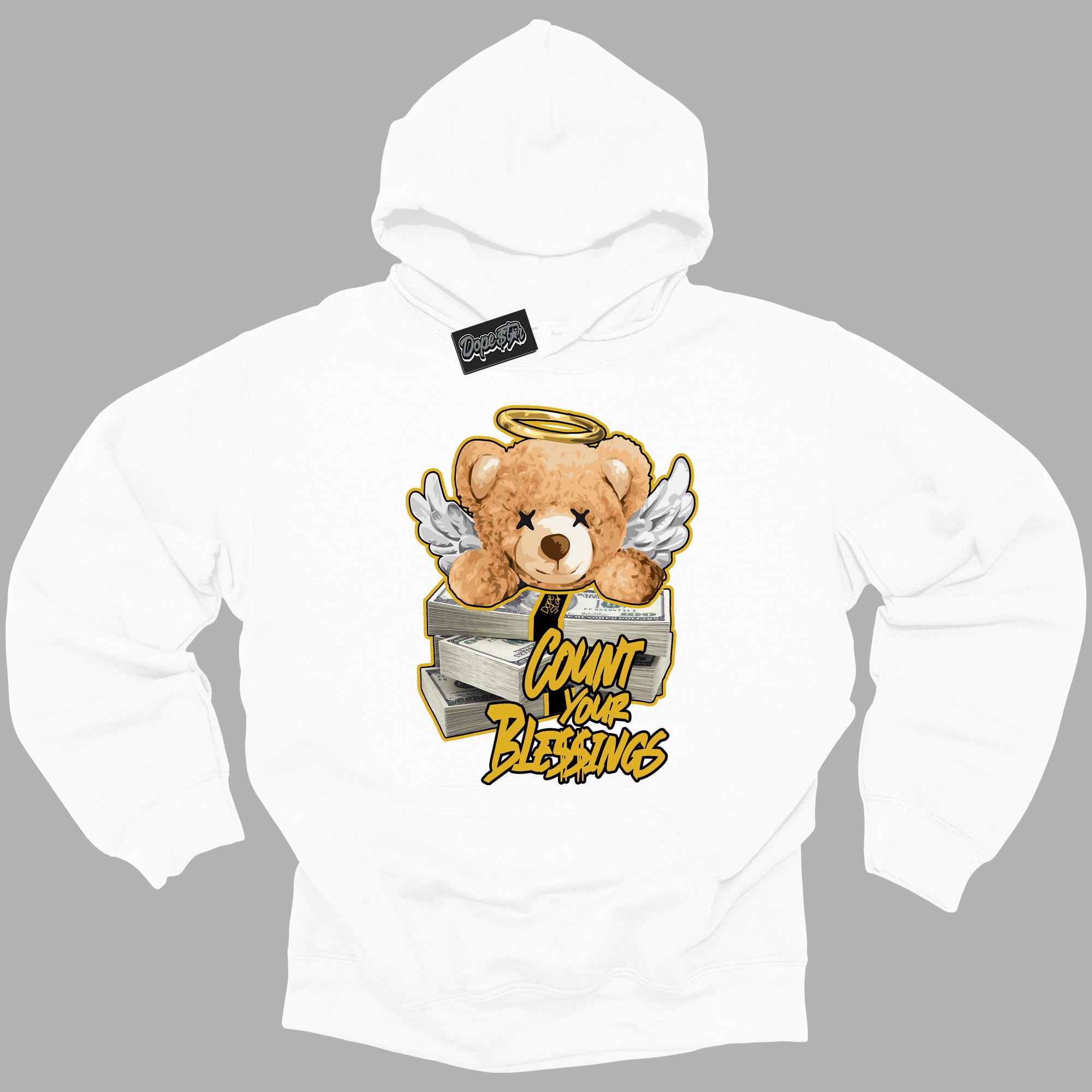 Cool White Hoodie with “ Count Your Blessings ” design that Perfectly Matches Yellow Ochre 6s Sneakers.