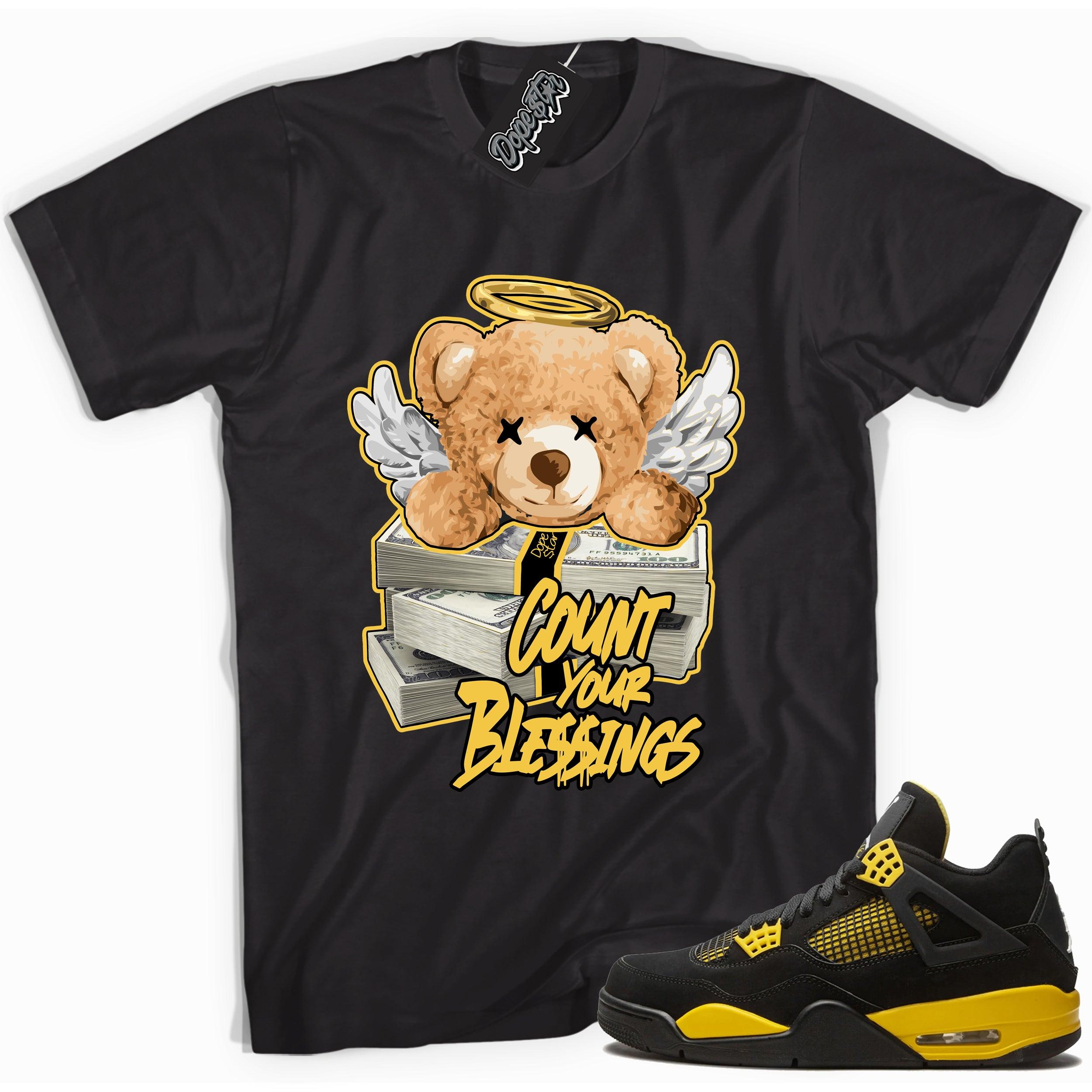 Cool black graphic tee with 'count your blessings' print, that perfectly matches Air Jordan 4 Thunder sneakers