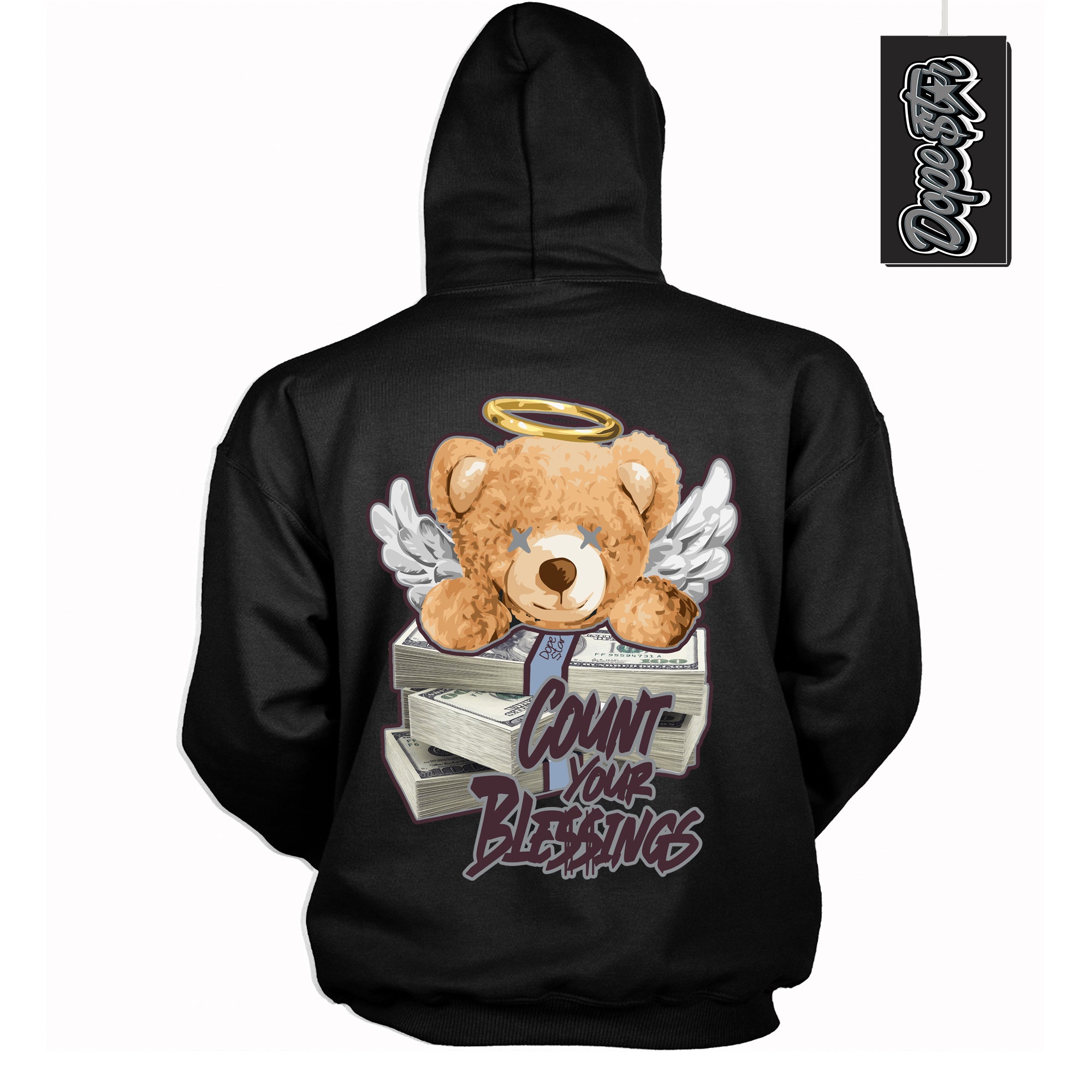 Cool Black Hoodie with “ Count Your Blessings ” design that Perfectly Matches Burgundy 5s Sneakers.