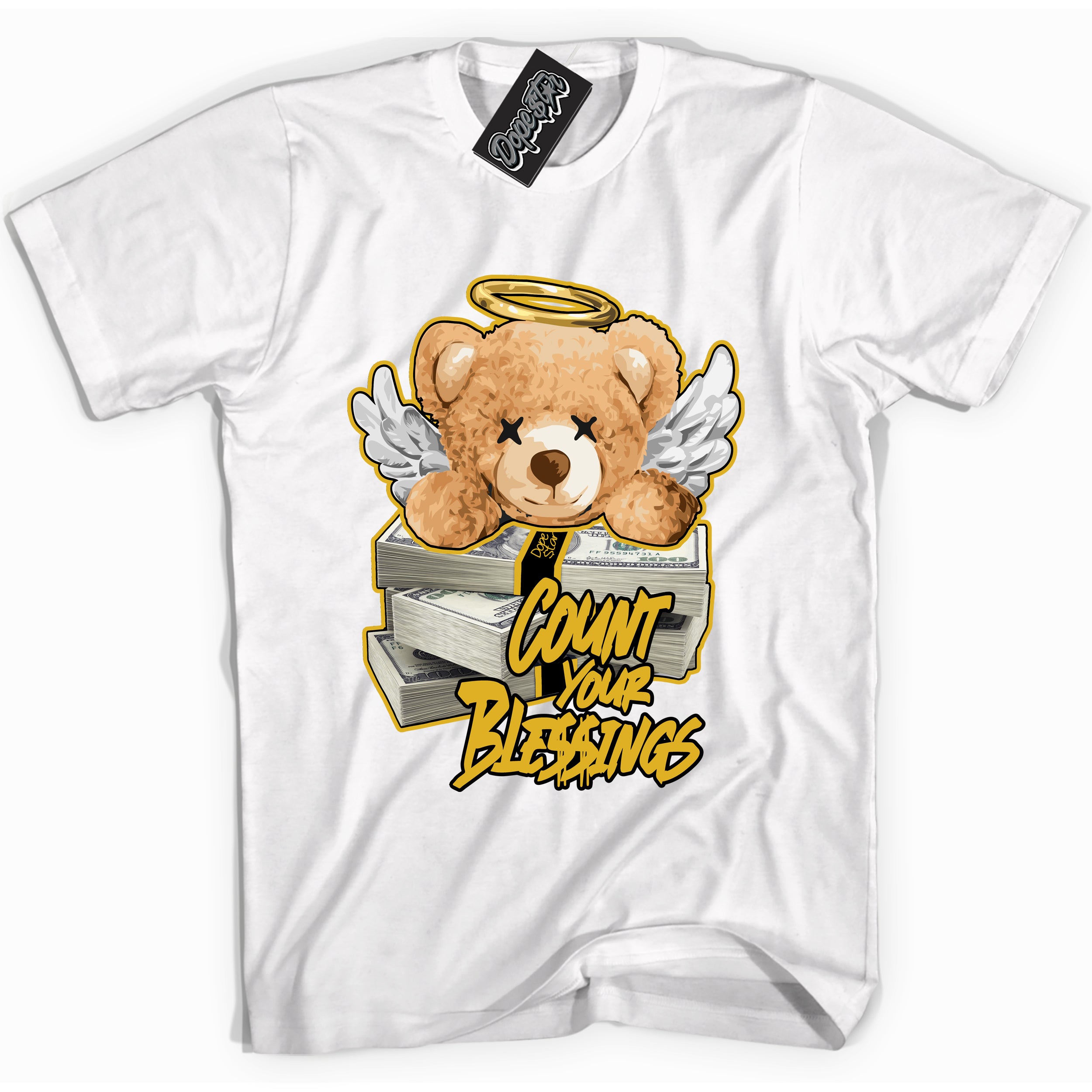 Cool White Shirt with “ Count Your Blessings” design that perfectly matches Yellow Ochre 6s Sneakers.