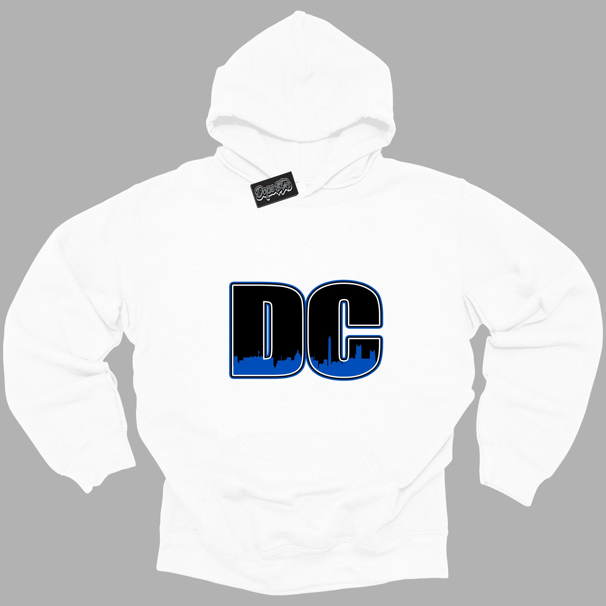 Cool White Hoodie with “ DC ” design that Perfectly Matches Royal Reimagined 1s Sneakers.