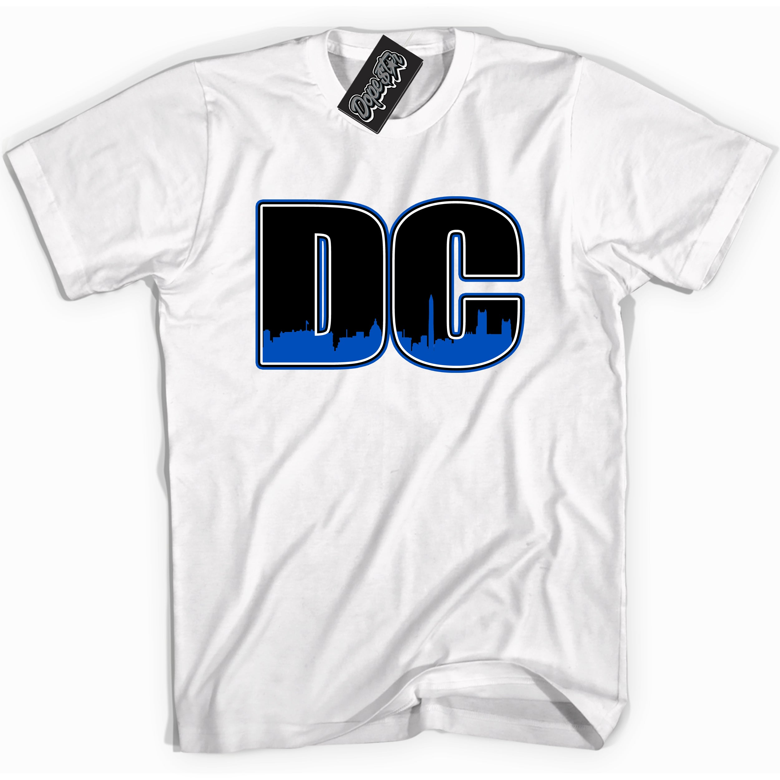 Cool White graphic tee with DC print, that perfectly matches OG Royal Reimagined 1s sneakers