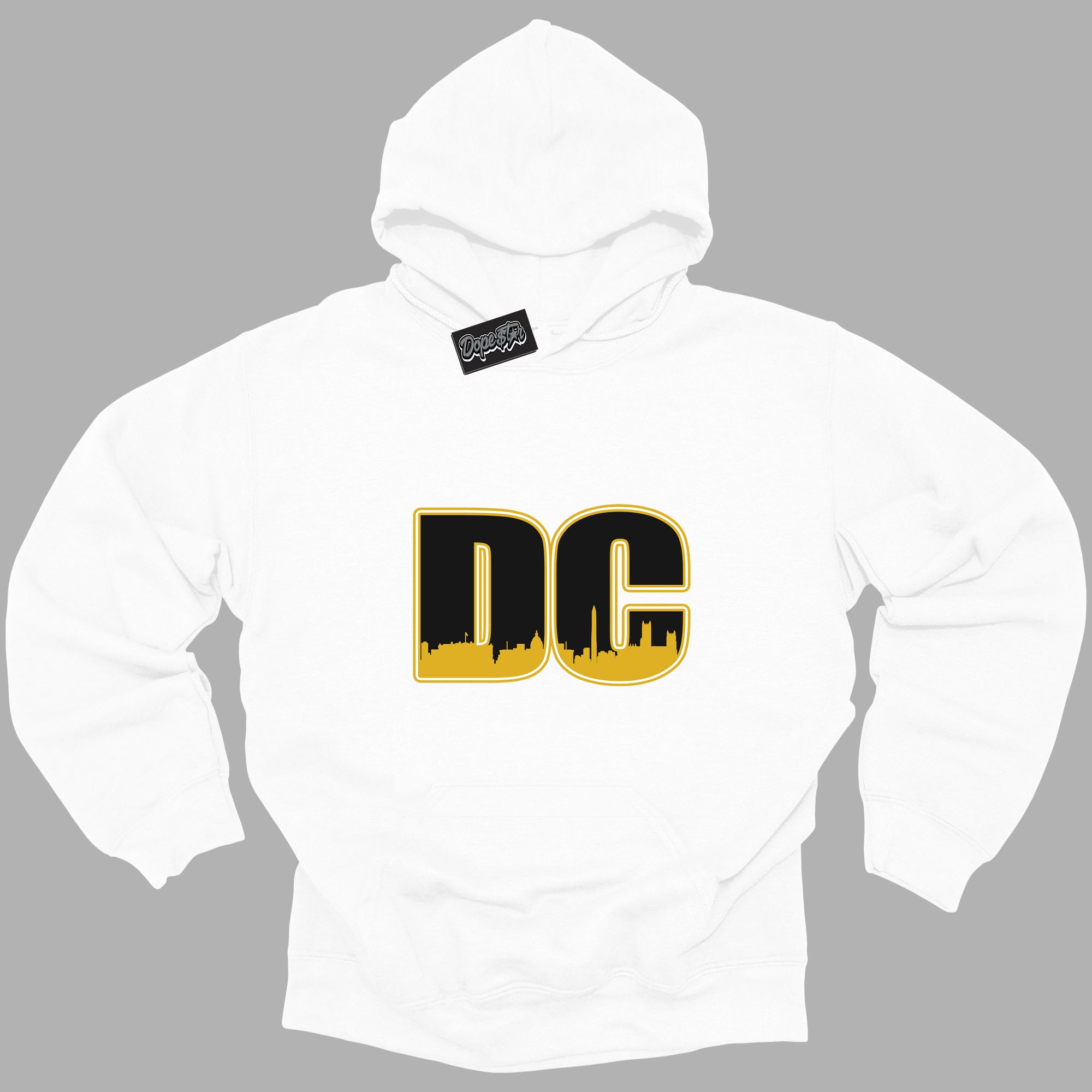 Cool White Hoodie with “ DC ” design that Perfectly Matches Yellow Ochre 6s Sneakers.