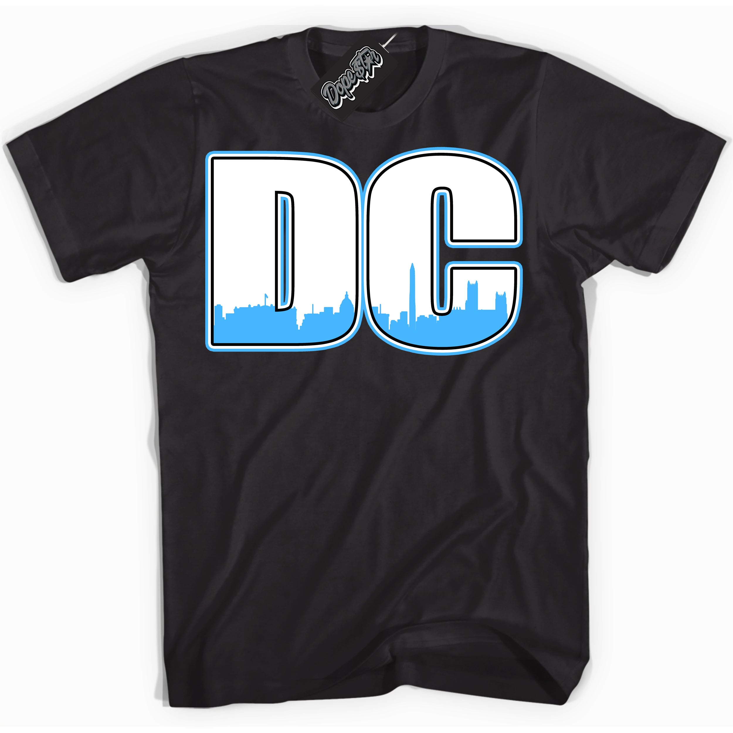 Cool Black graphic tee with “ DC ” design, that perfectly matches Powder Blue 9s sneakers