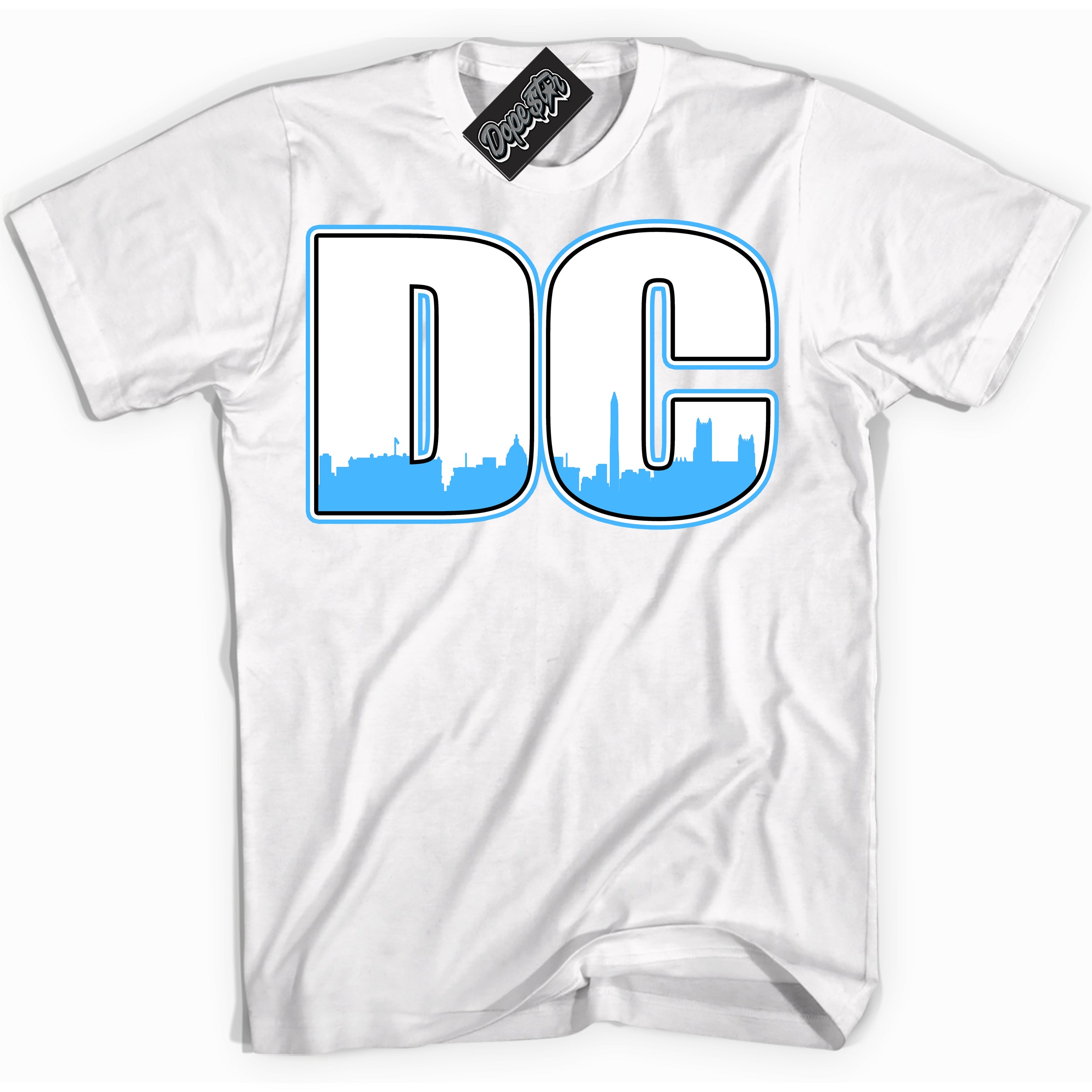 Cool White graphic tee with “ DC ” design, that perfectly matches Powder Blue 9s sneakers
