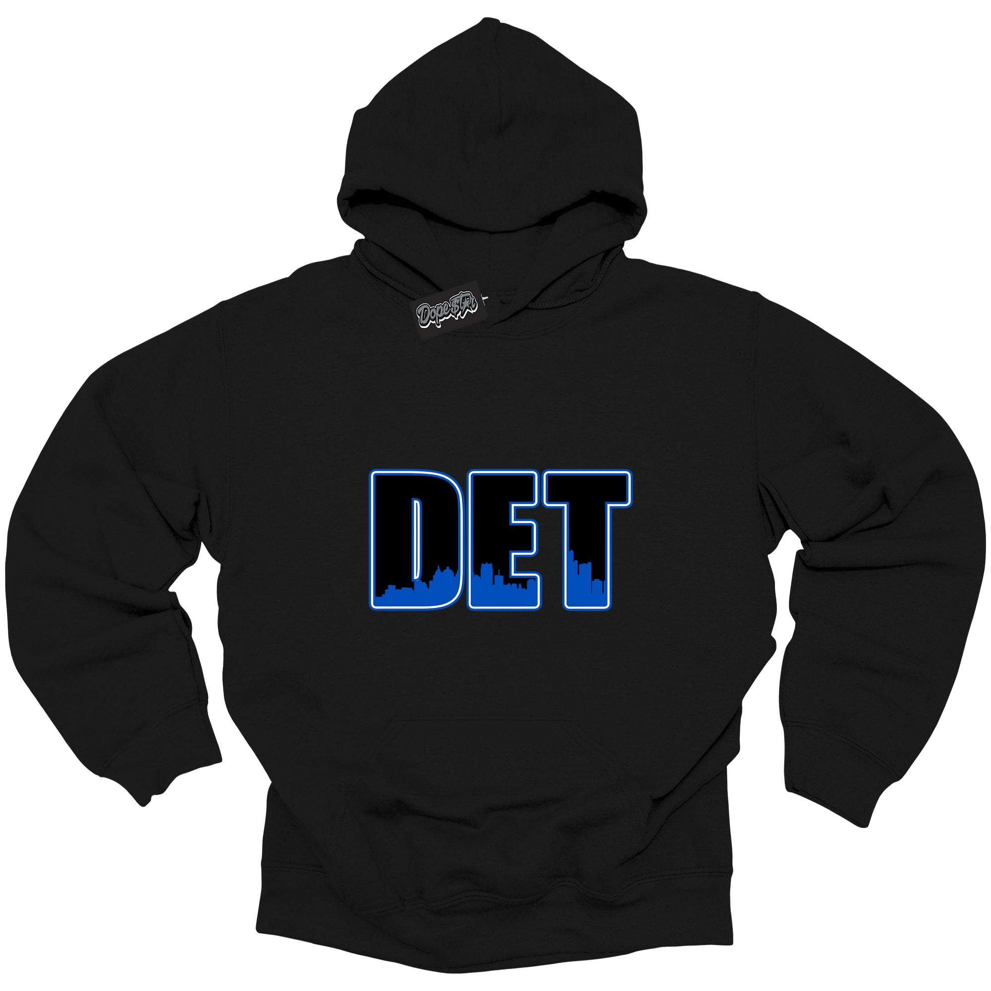 Cool Black Hoodie with “ Detroit ” design that Perfectly Matches Royal Reimagined 1s Sneakers.