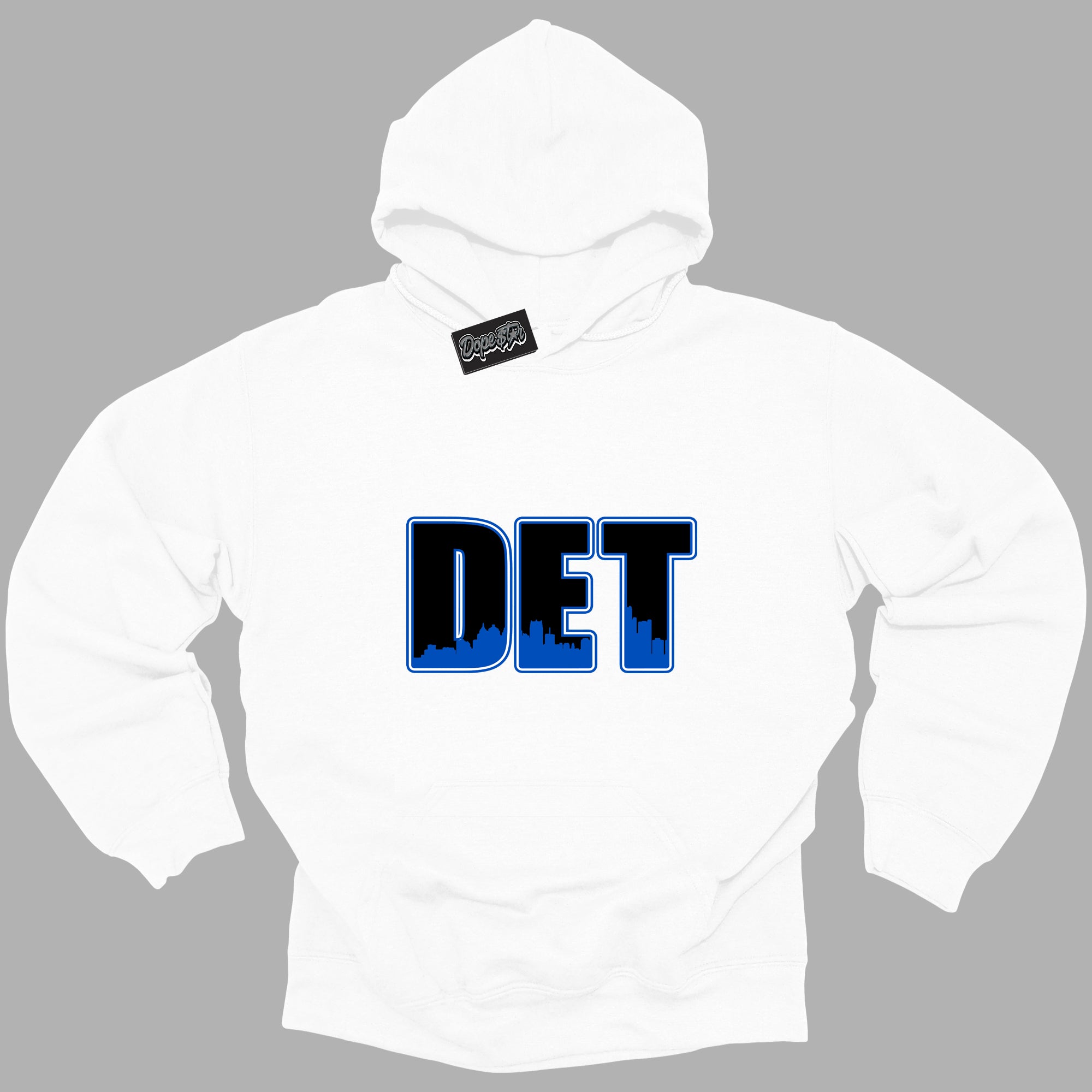 Cool White Hoodie with “ Detroit ” design that Perfectly Matches Royal Reimagined 1s Sneakers.