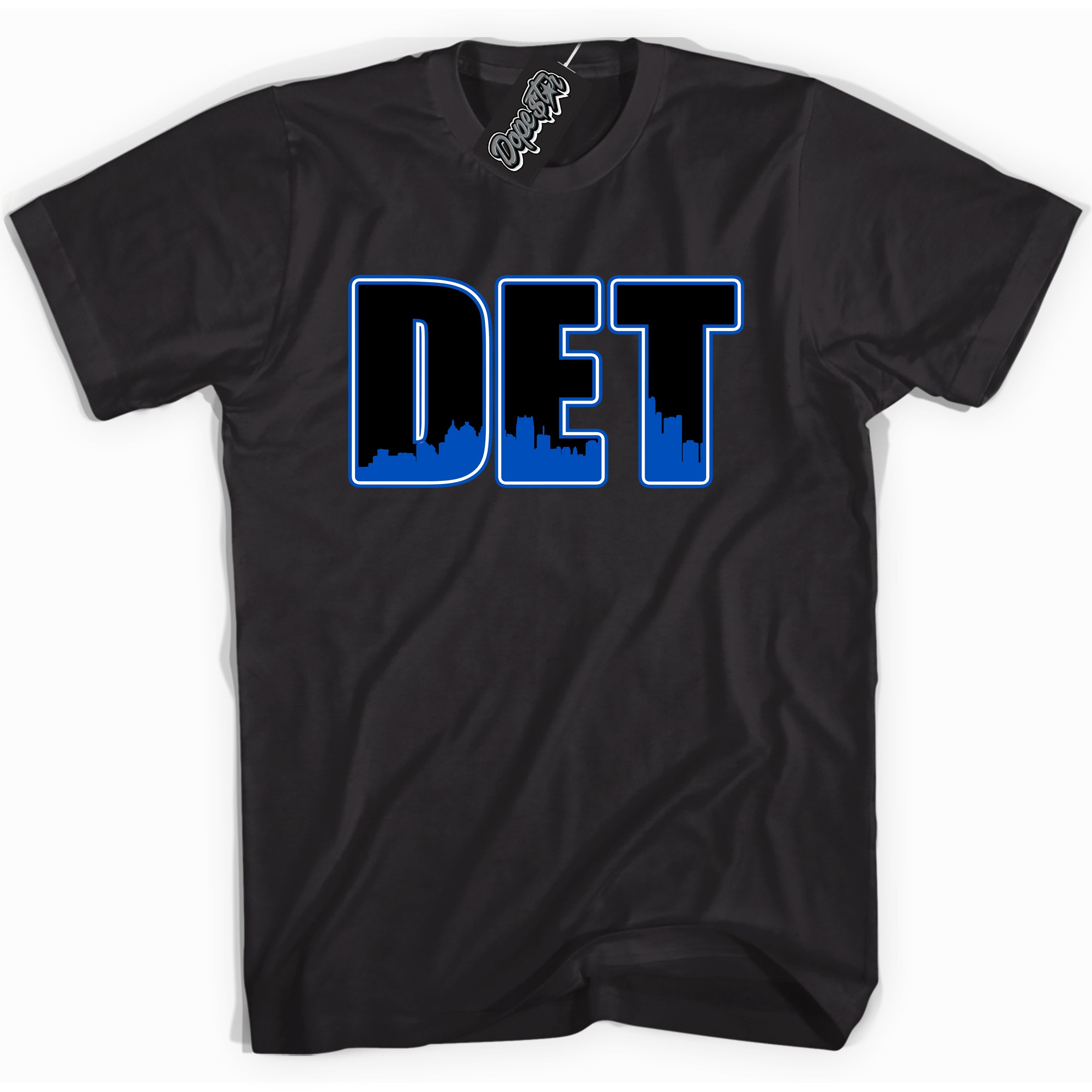 Cool Black graphic tee with "Detroit" design, that perfectly matches Royal Reimagined 1s sneakers