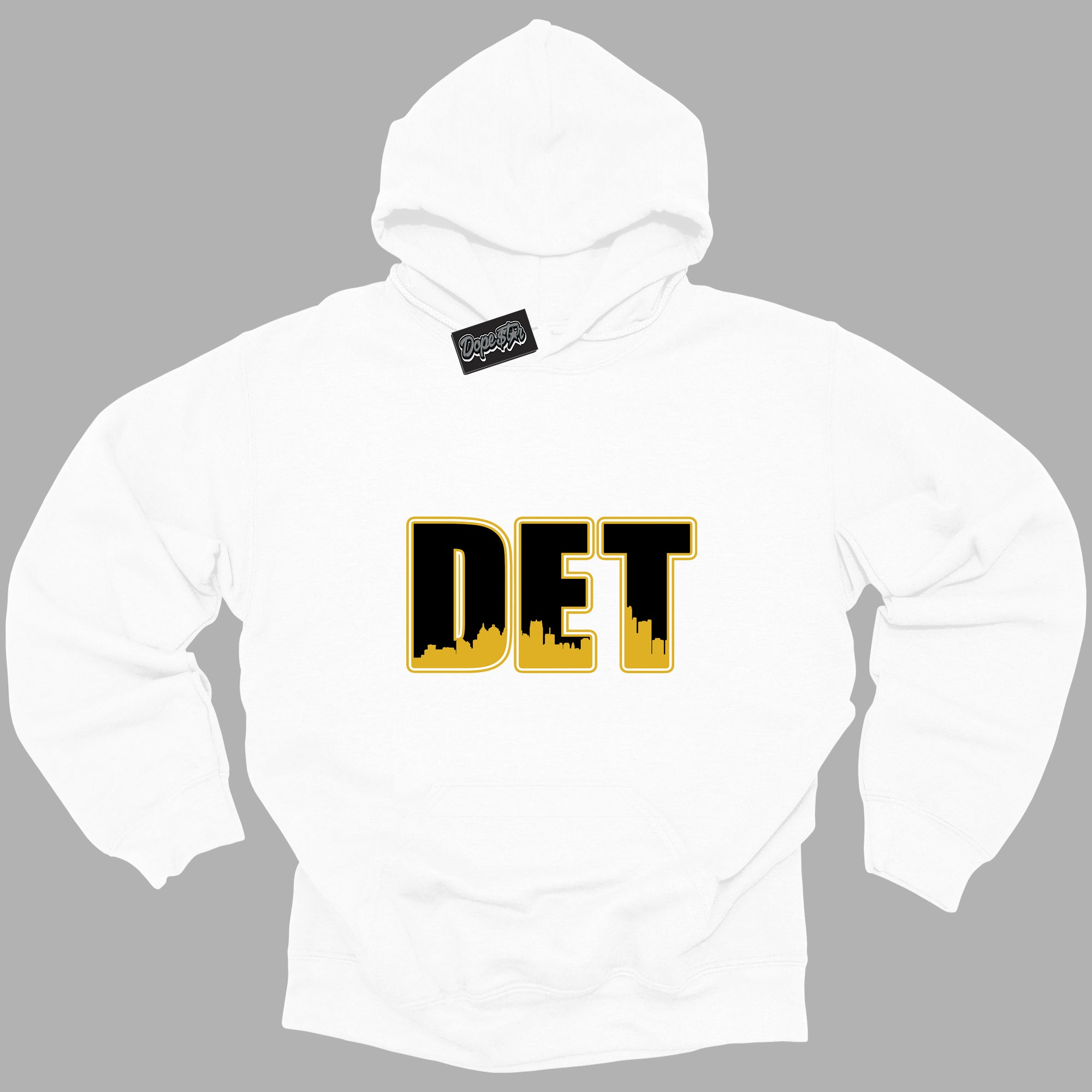 Cool White Hoodie with “ Detroit ” design that Perfectly Matches Yellow Ochre 6s Sneakers.