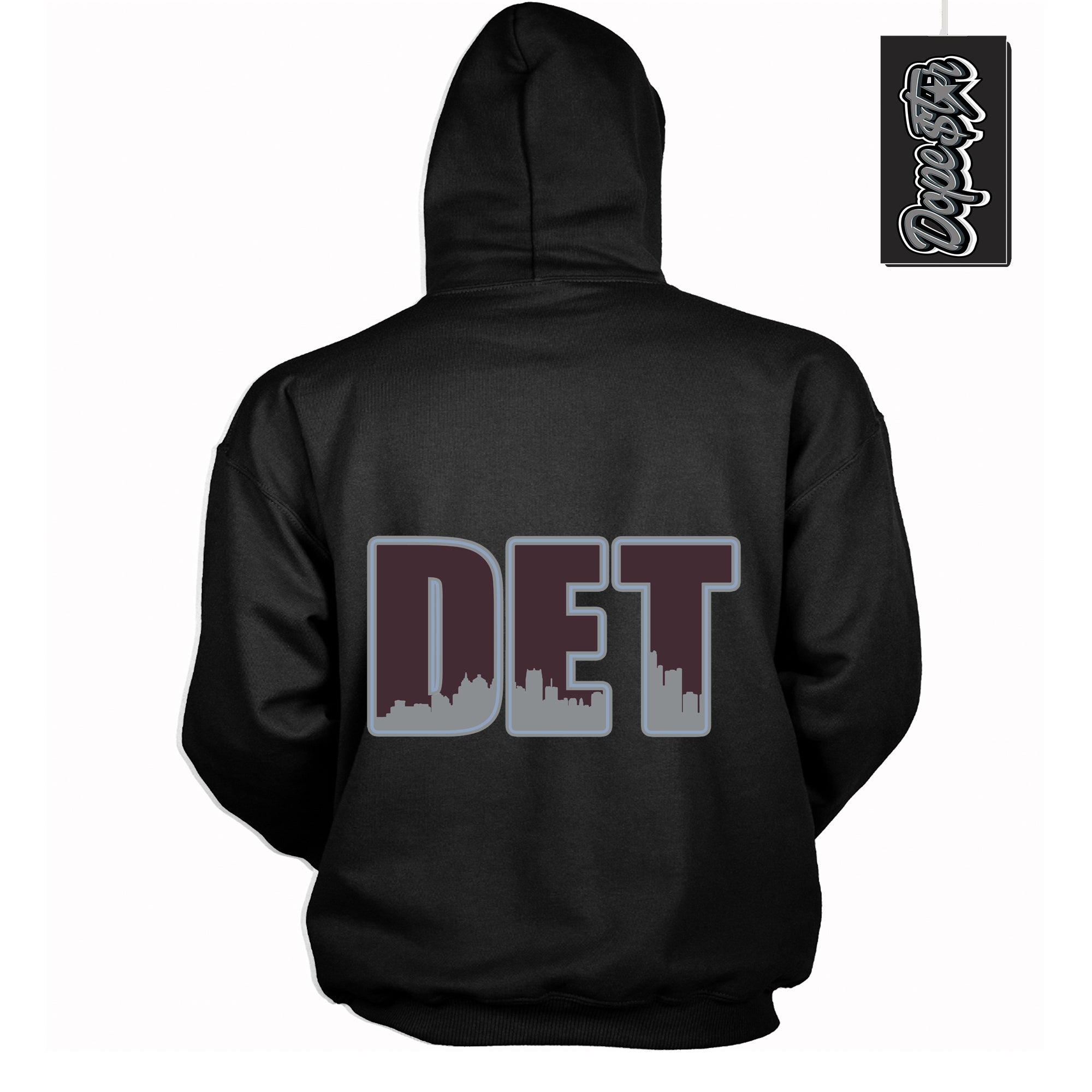 Cool Black Hoodie with “ Detroit ” design that Perfectly Matches Burgundy 5s Sneakers.