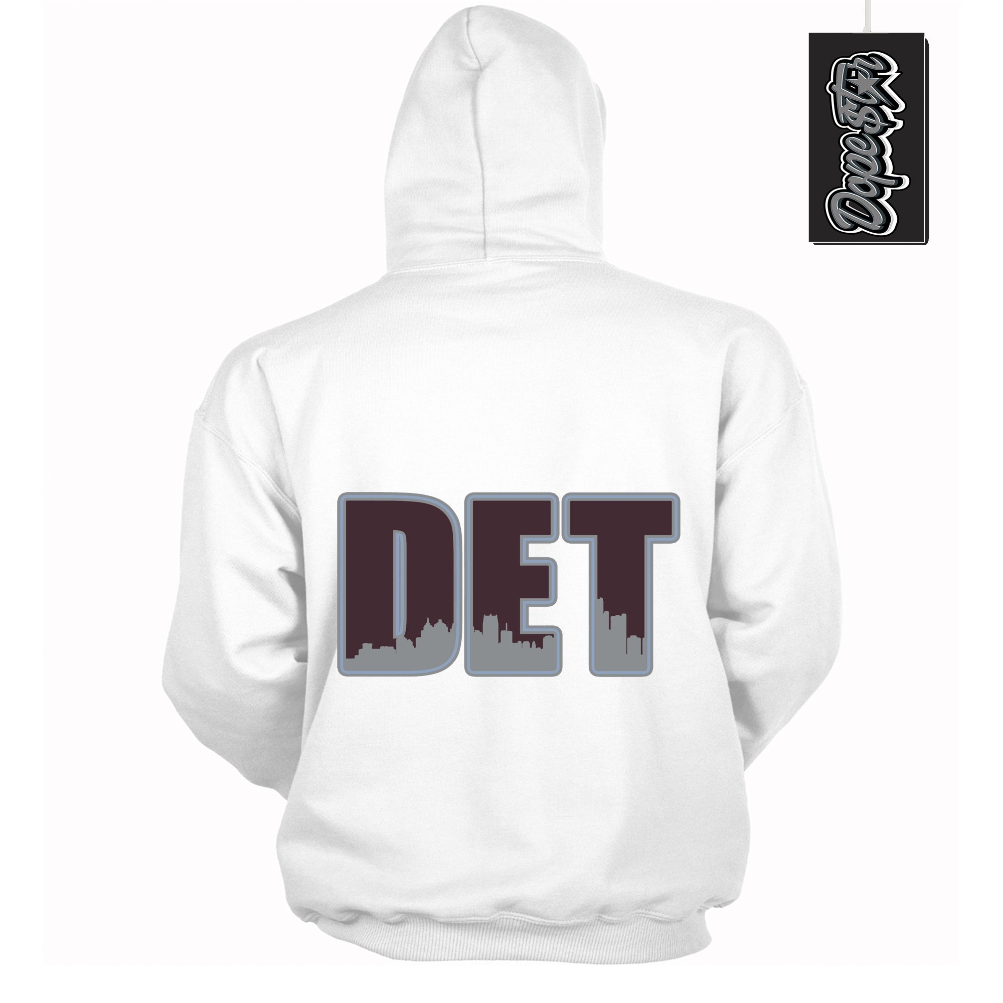 Cool White Hoodie with “ Detroit ” design that Perfectly Matches Burgundy 5s Sneakers.