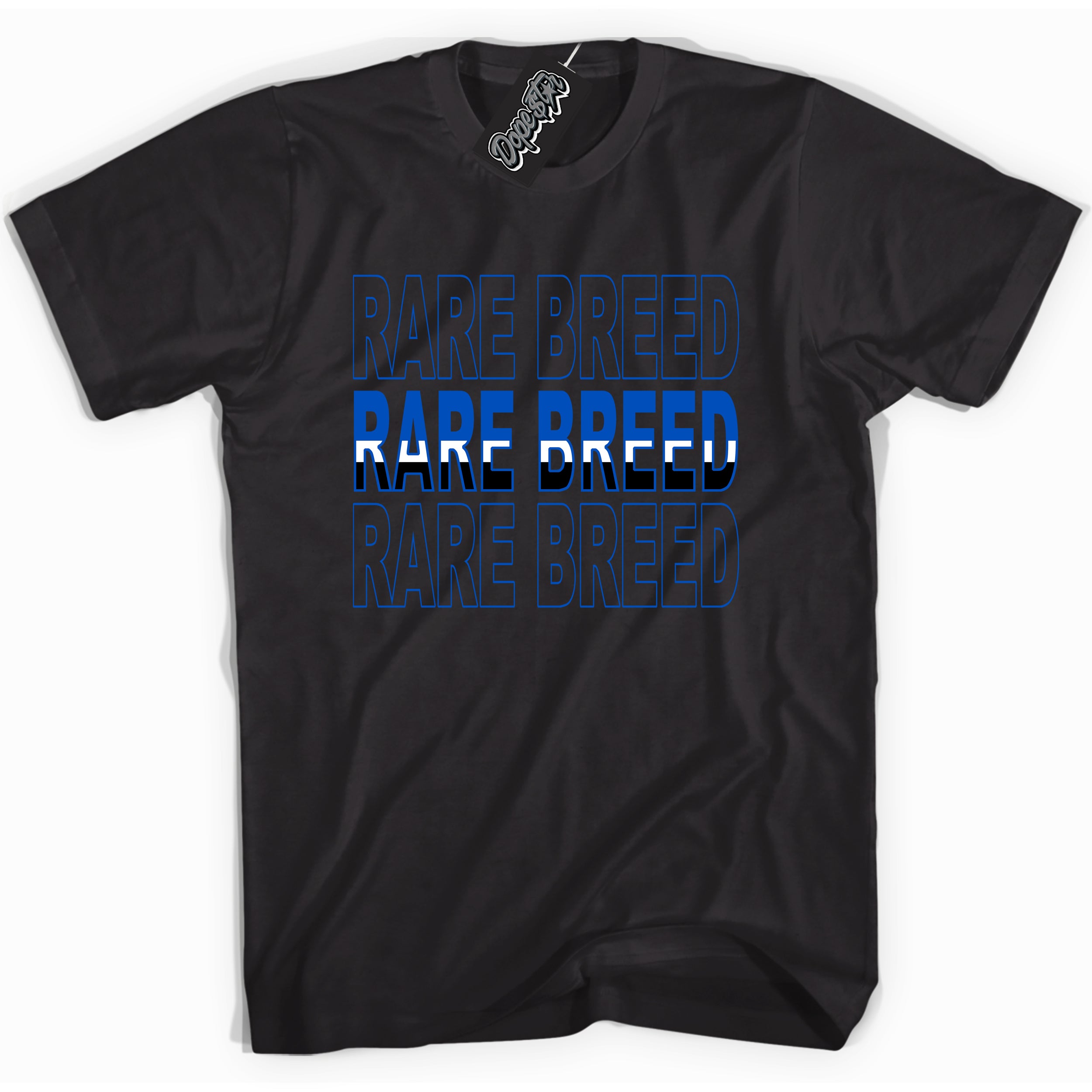 Cool Black graphic tee with Rare Breed print, that perfectly matches OG Royal Reimagined 1s sneakers