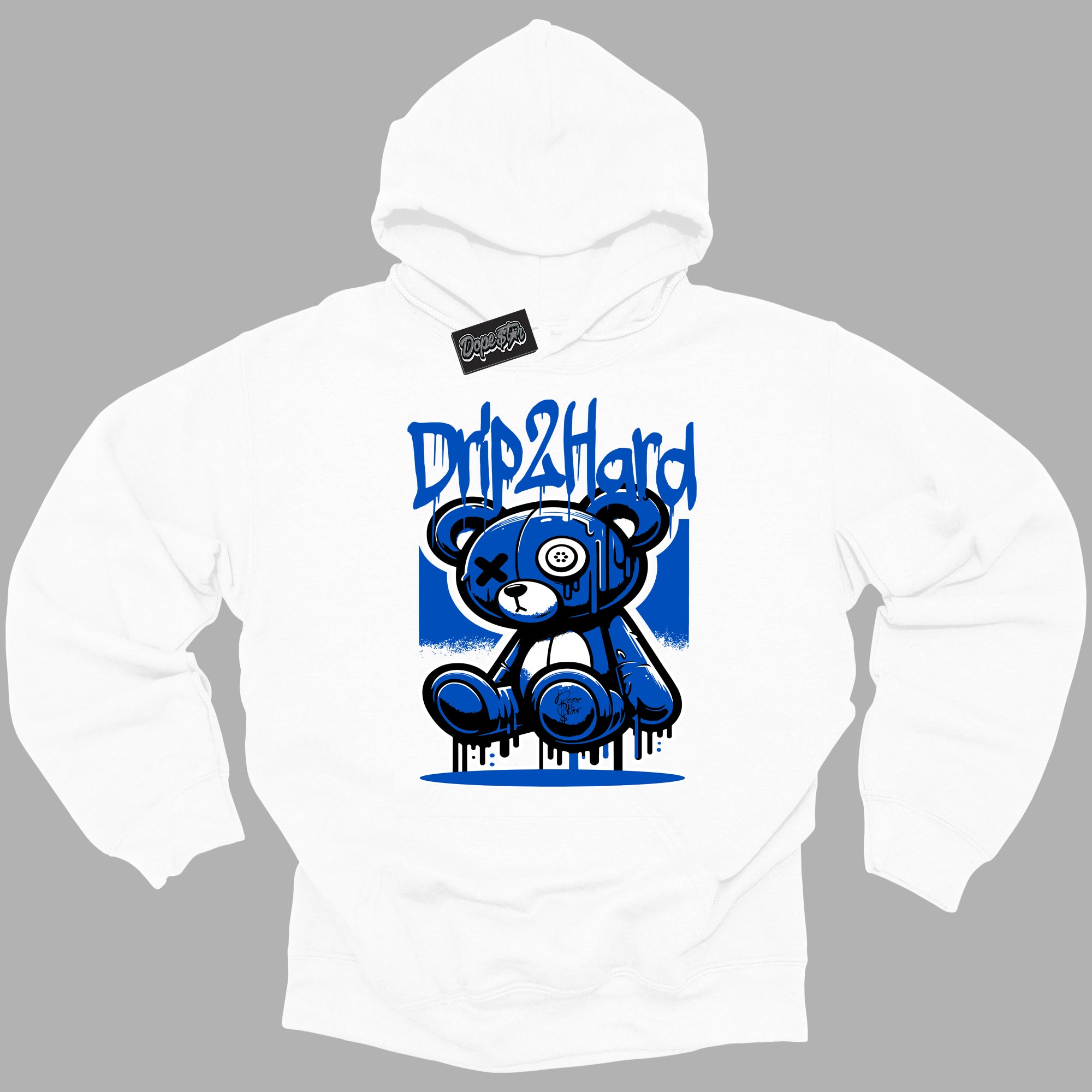 Cool White Hoodie with “ Drip 2 Hard ” design that Perfectly Matches Royal Reimagined 1s Sneakers.