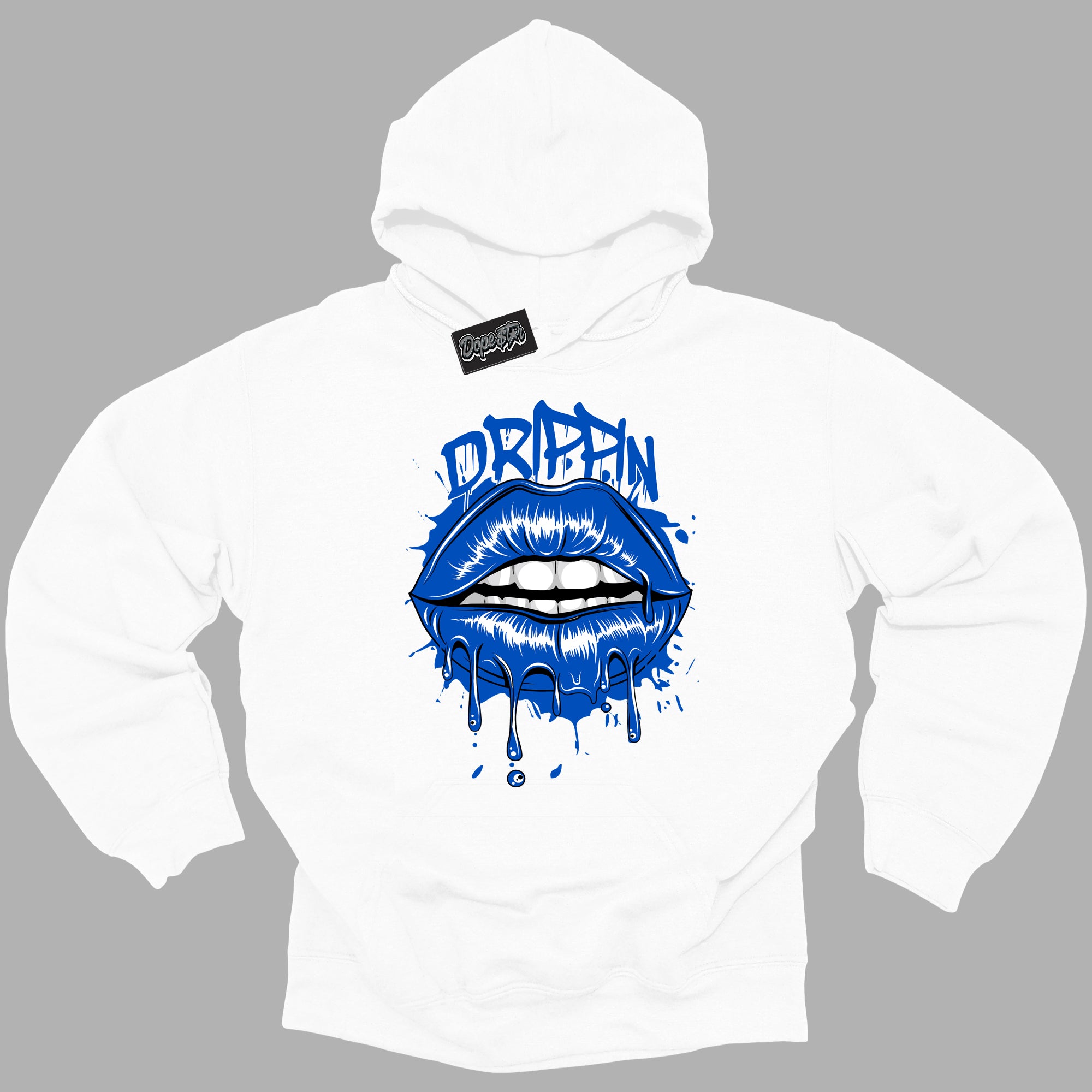 Cool White Hoodie with “ Drippin ” design that Perfectly Matches Royal Reimagined 1s Sneakers.