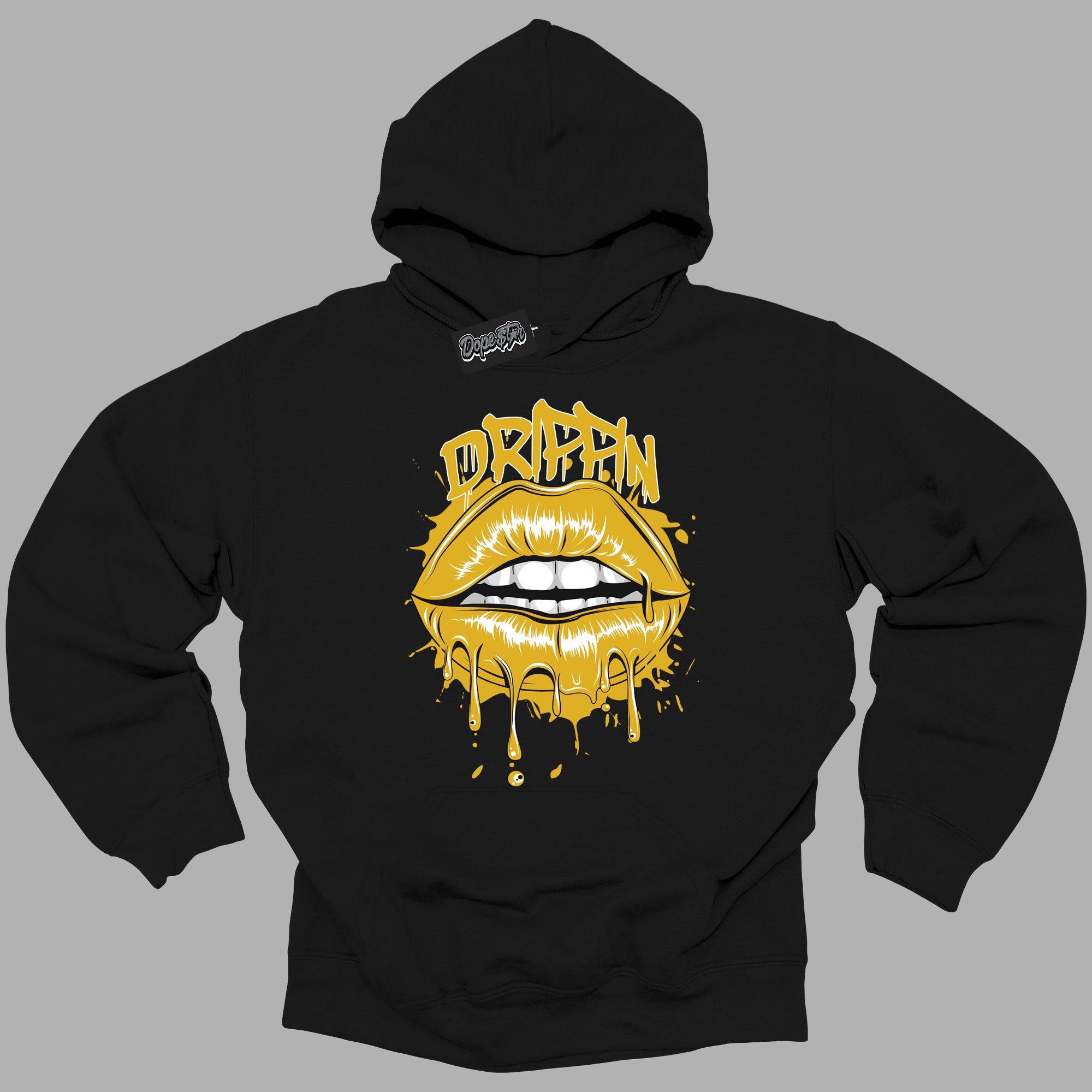 Cool Black Hoodie with “ Drippin ” design that Perfectly Matches Yellow Ochre 6s Sneakers.
