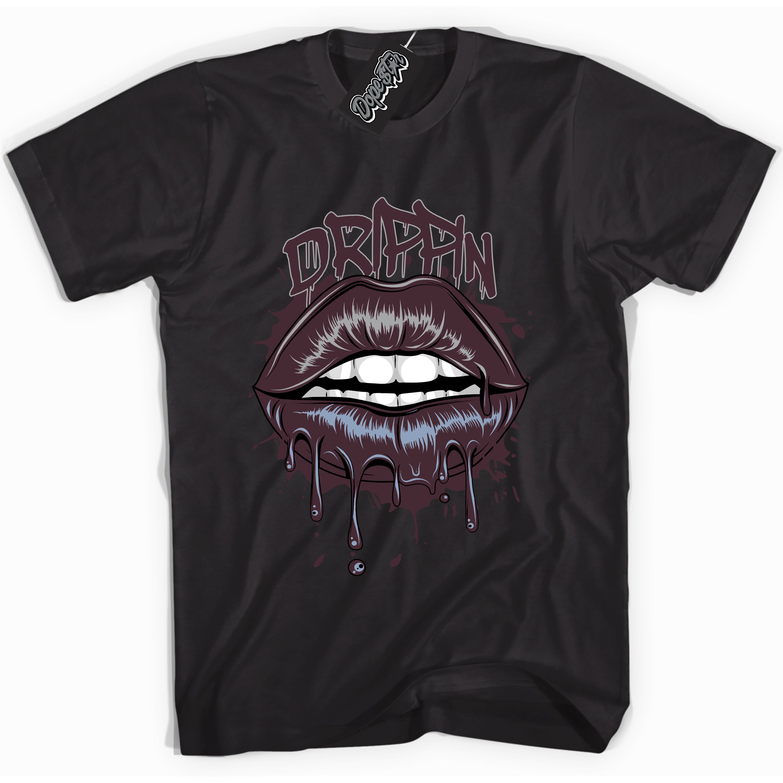 Cool Black Shirt with “ Drippin” design that perfectly matches Burgundy 5s Sneakers.