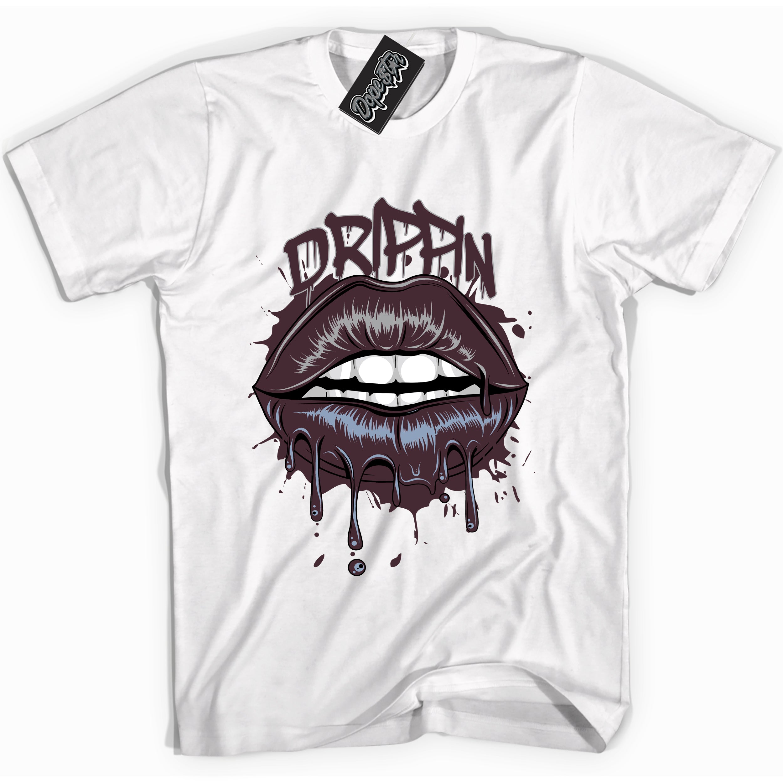 Cool White Shirt with “ Drippin” design that perfectly matches Burgundy 5s Sneakers.