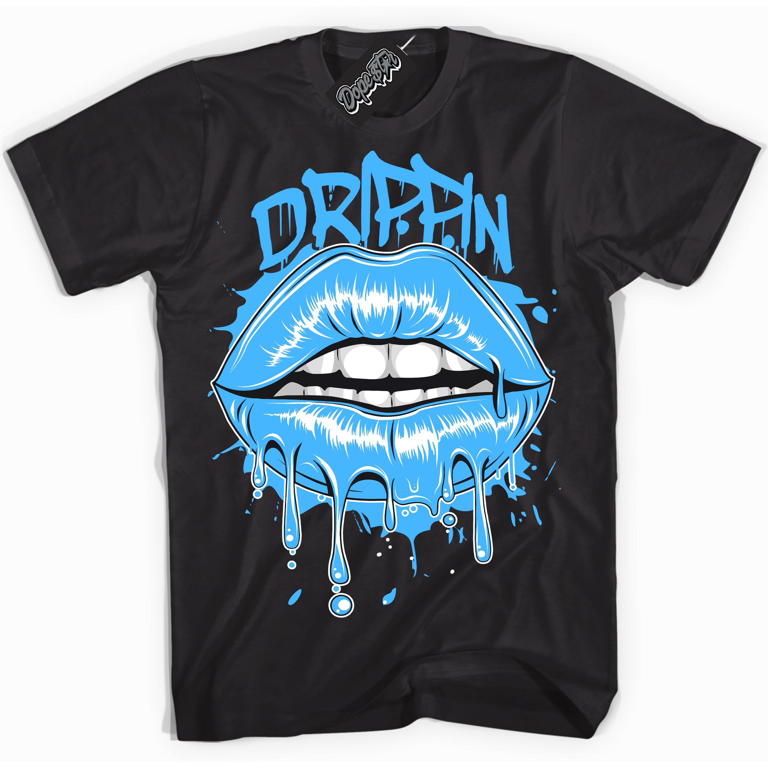 Cool Black graphic tee with “ Drippin ” design, that perfectly matches Powder Blue 9s sneakers