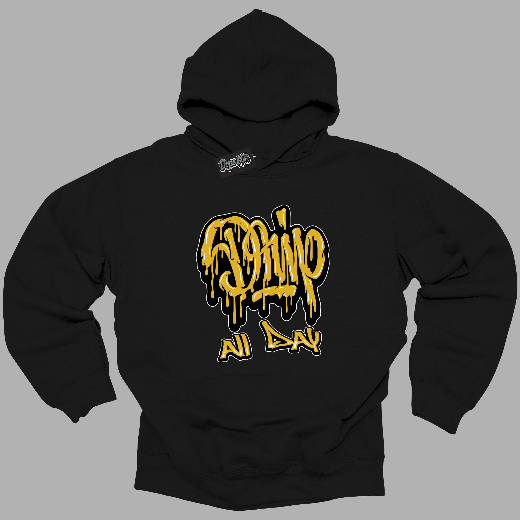 Cool Black Hoodie with “ Drip All Day ” design that Perfectly Matches Yellow Ochre 6s Sneakers.