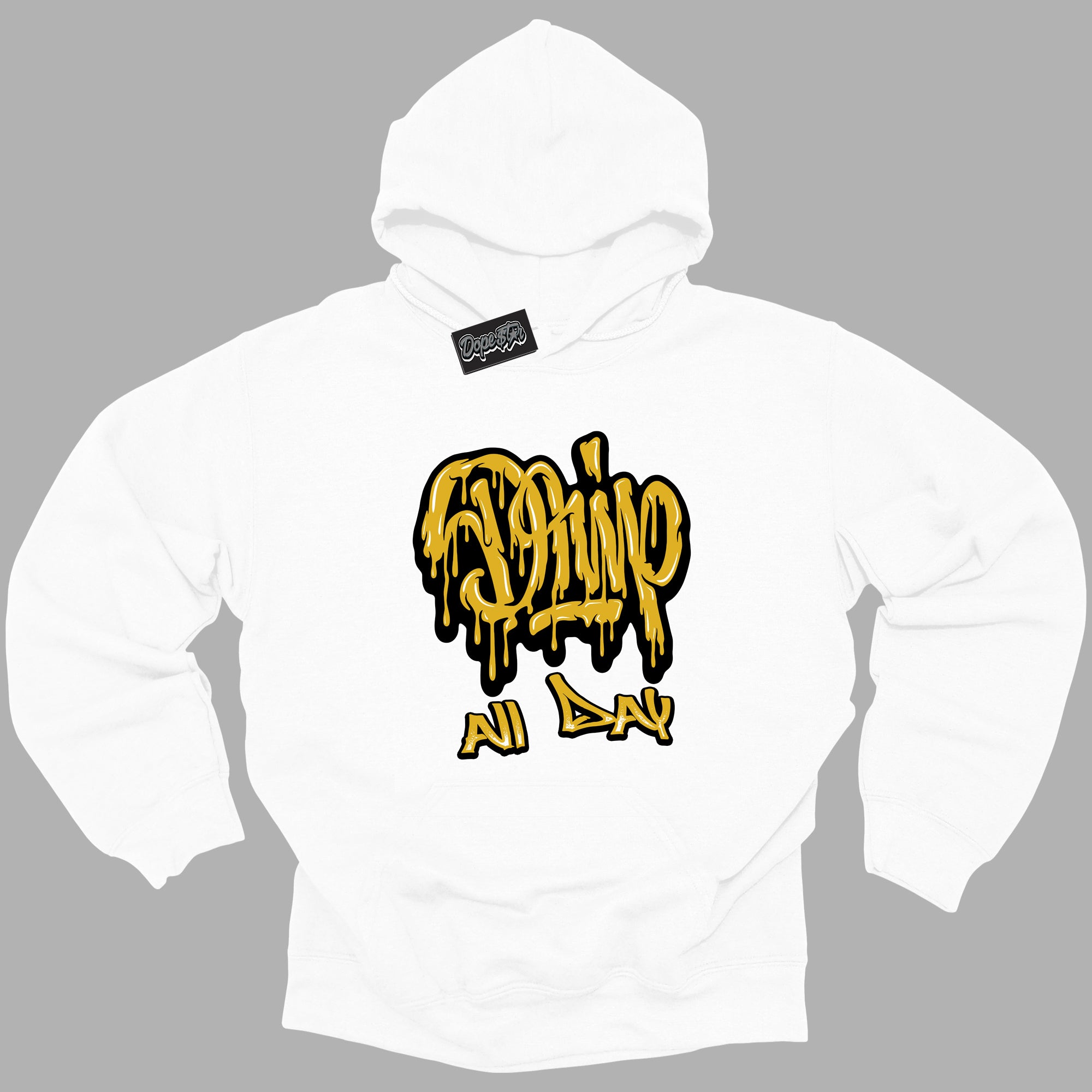 Cool White Hoodie with “ Drip All Day ” design that Perfectly Matches Yellow Ochre 6s Sneakers.