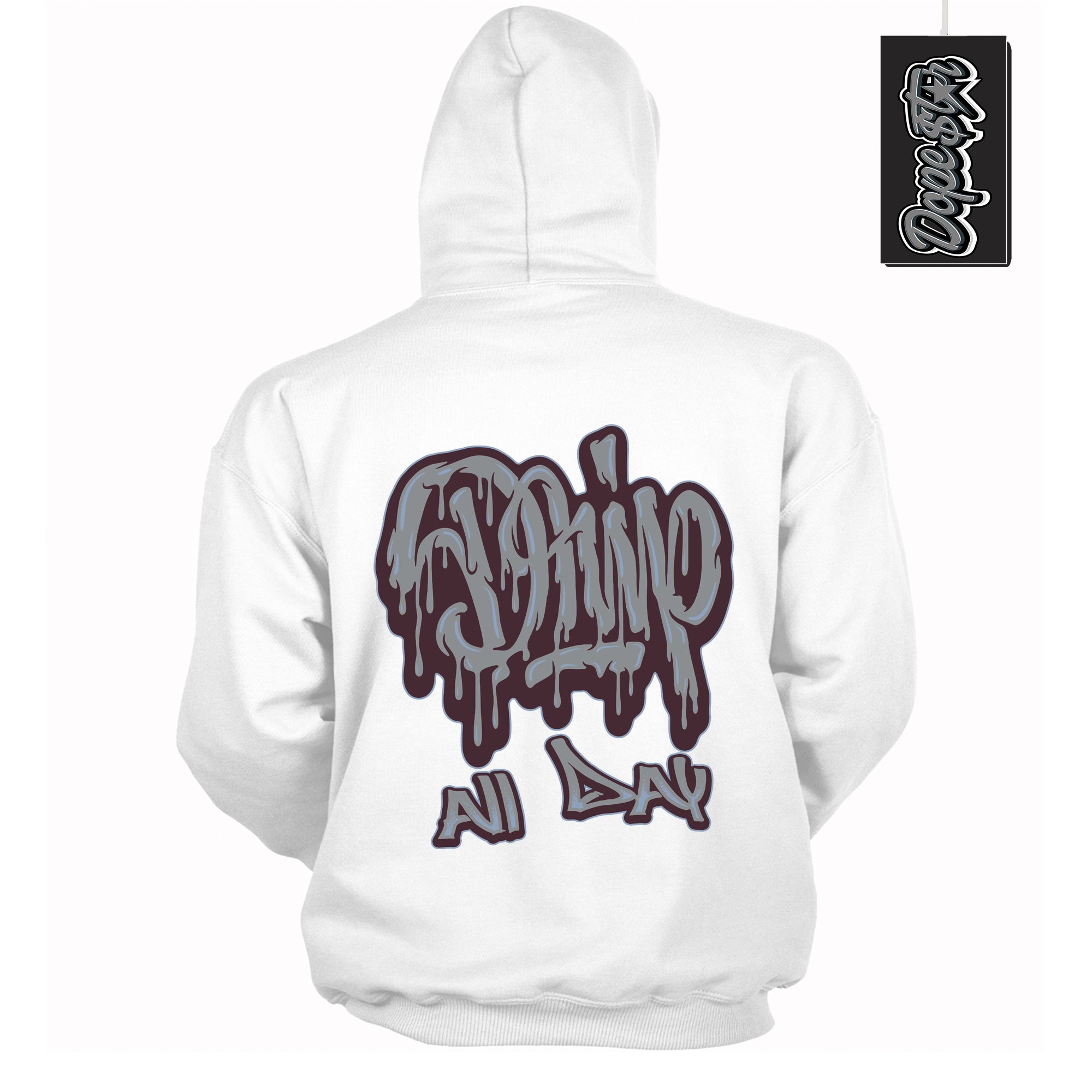 Cool White Hoodie with “ Drip All Day ” design that Perfectly Matches Burgundy 5s Sneakers.
