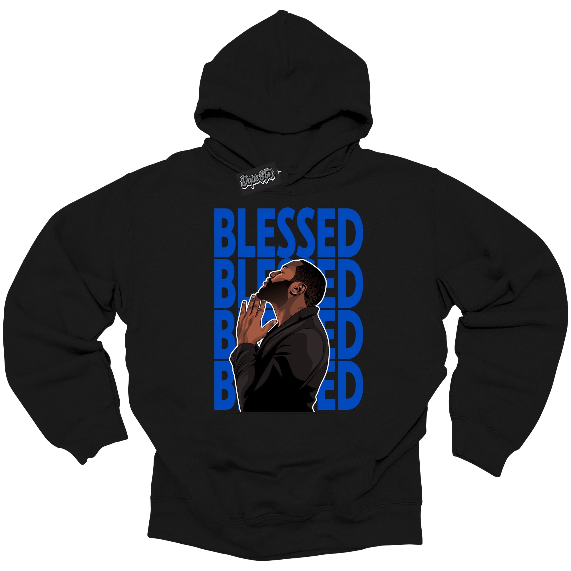 Cool Black Hoodie with “ God Blessed ” design that Perfectly Matches Royal Reimagined 1s Sneakers.