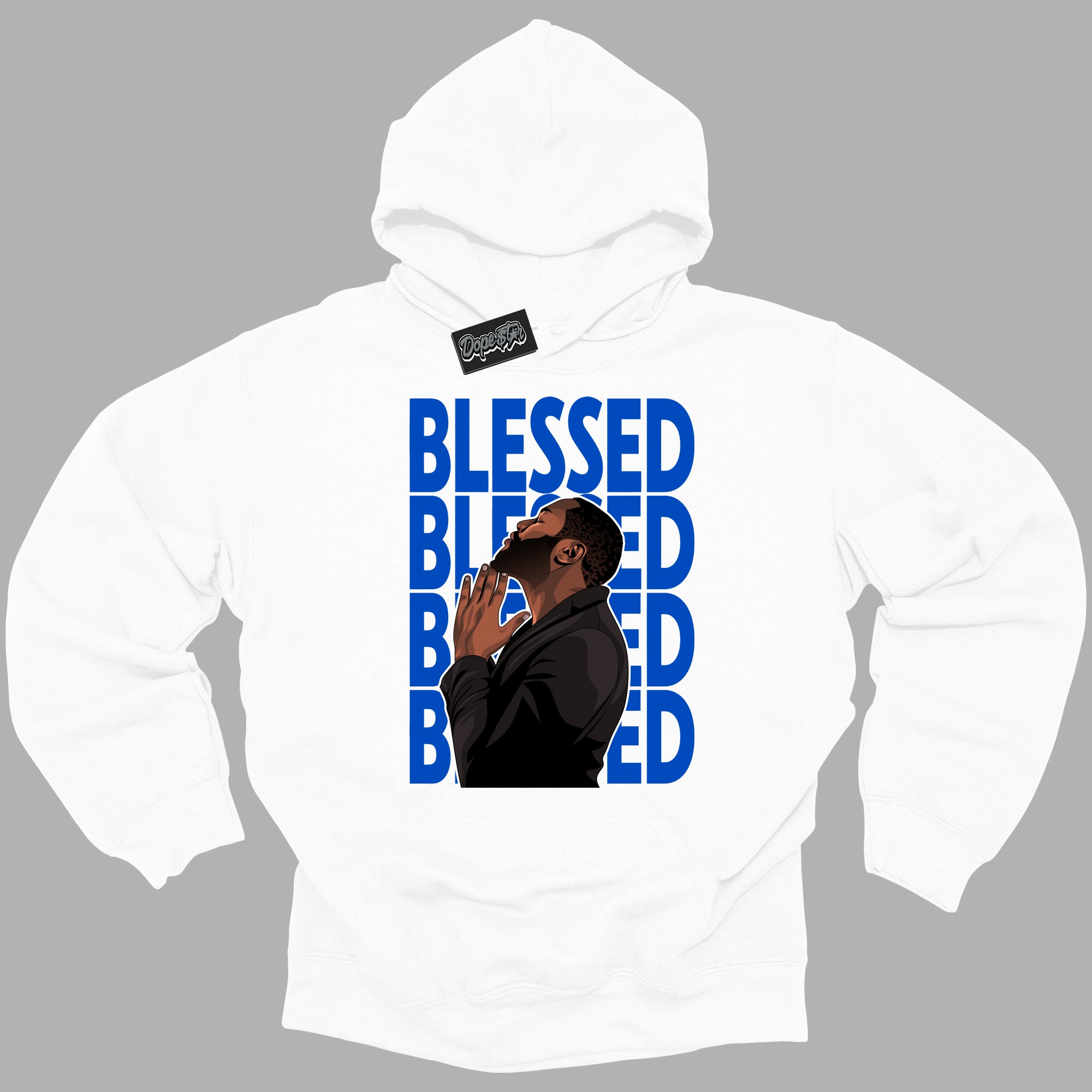 Cool White Hoodie with “ God Blessed ” design that Perfectly Matches Royal Reimagined 1s Sneakers.