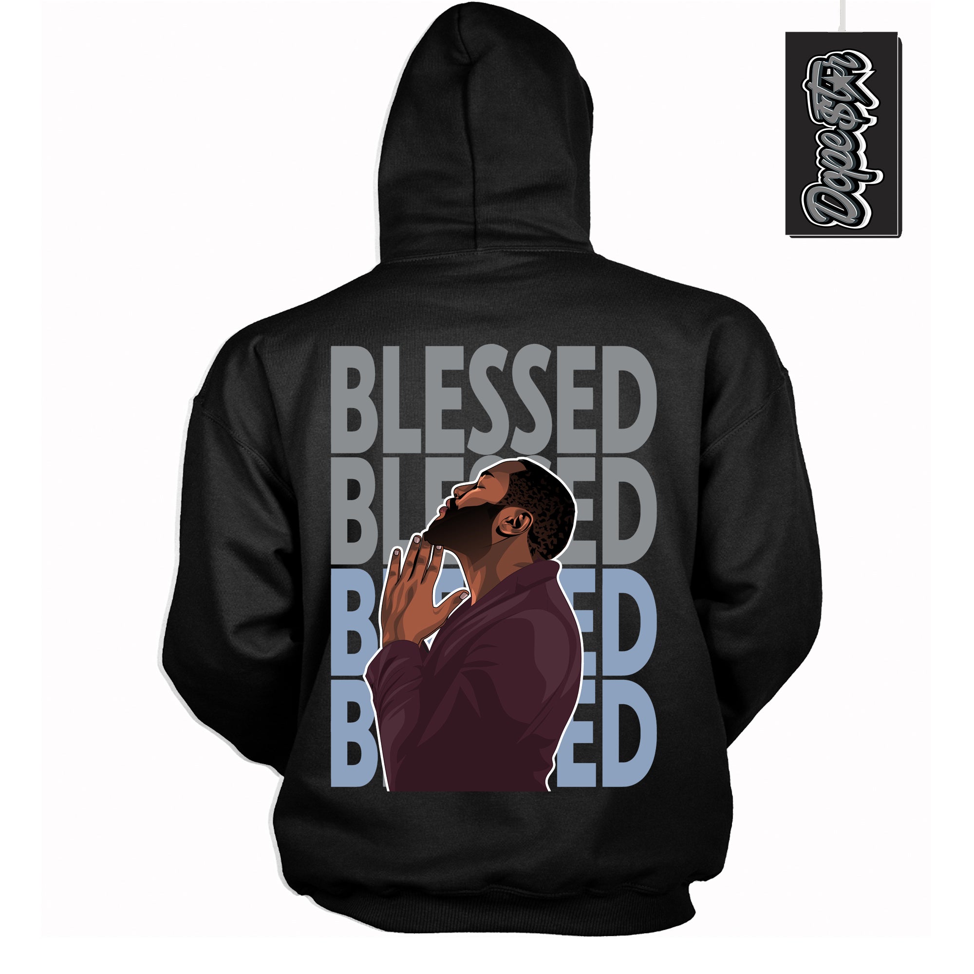 Cool Black Hoodie with “ God Blessed ” design that Perfectly Matches Burgundy 5s Sneakers.