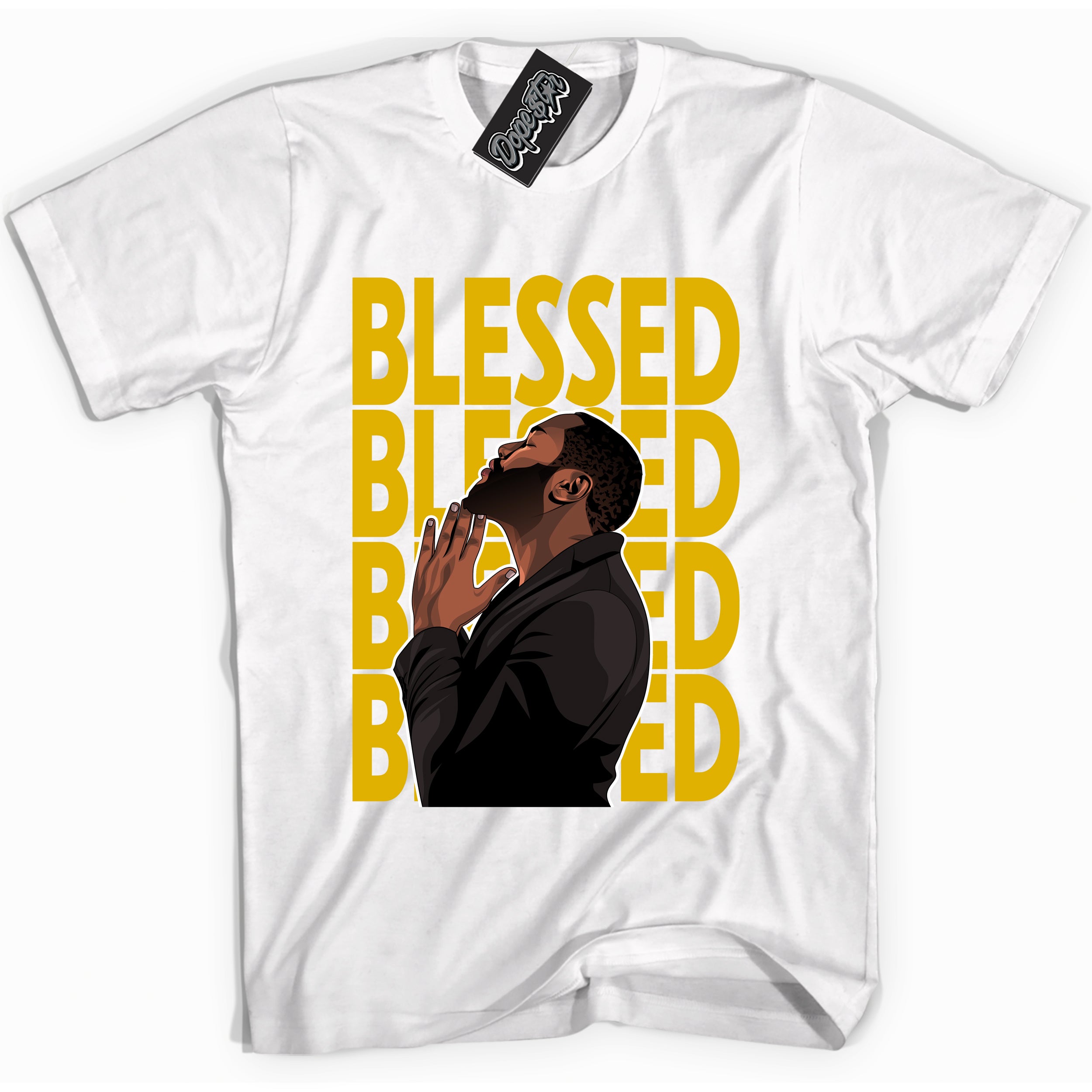 Cool White Shirt With God Blessed design That Perfectly Matches YELLOW OCHRE 6s Sneakers.