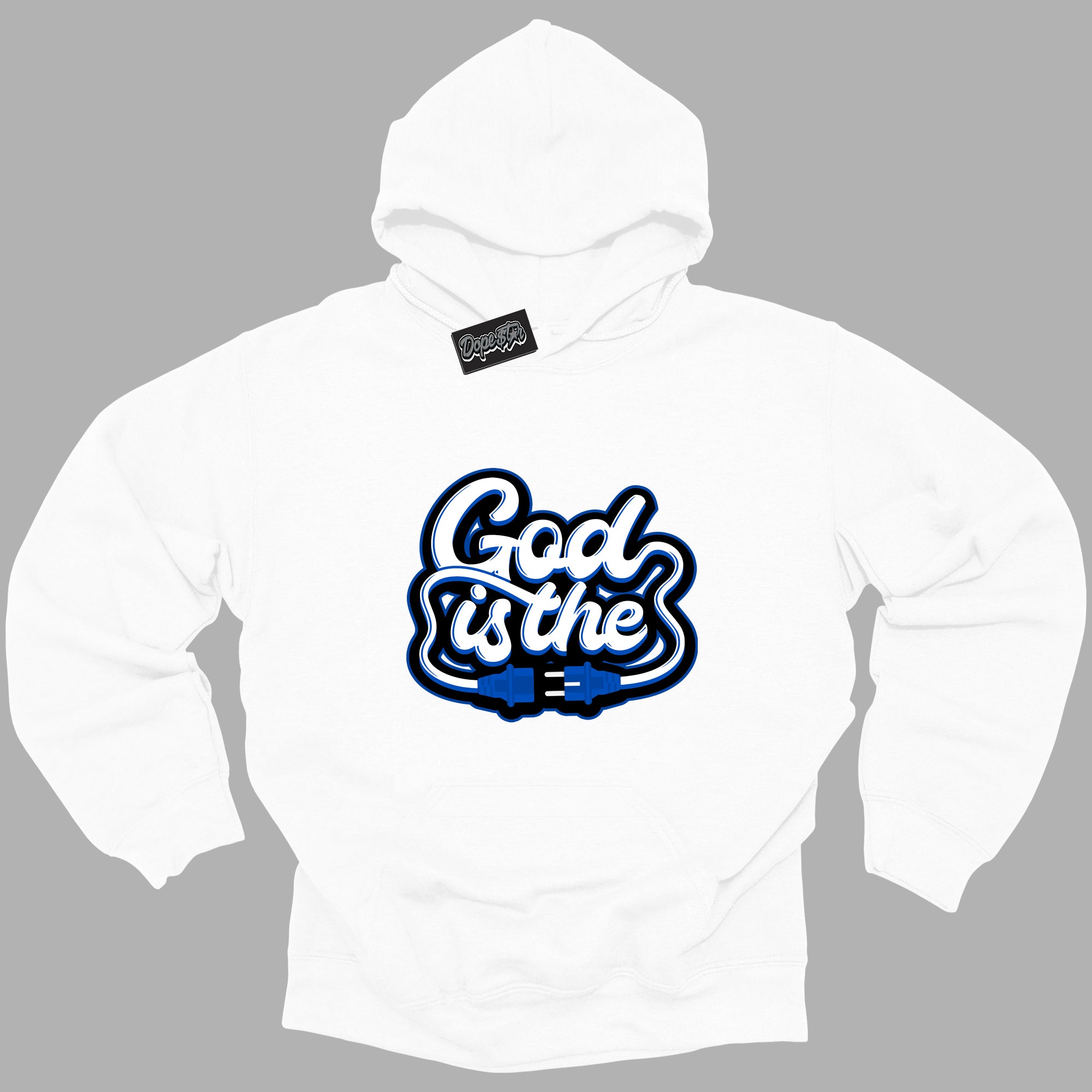 Cool White Hoodie with “ God Is The ” design that Perfectly Matches Royal Reimagined 1s Sneakers.