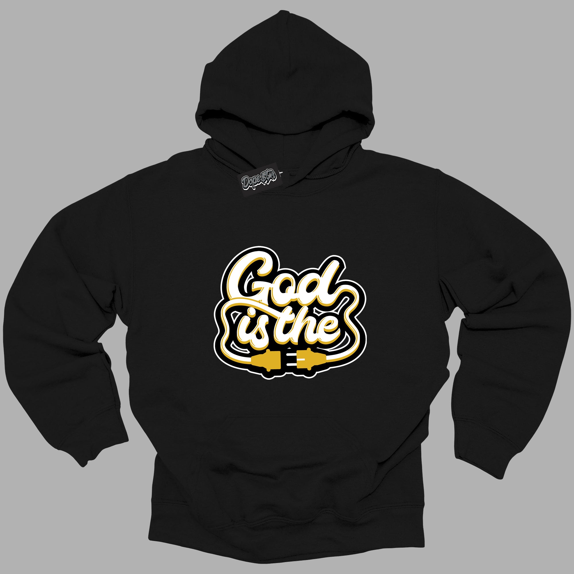 Cool Black Hoodie with “ God Is The ” design that Perfectly Matches Yellow Ochre 6s Sneakers.