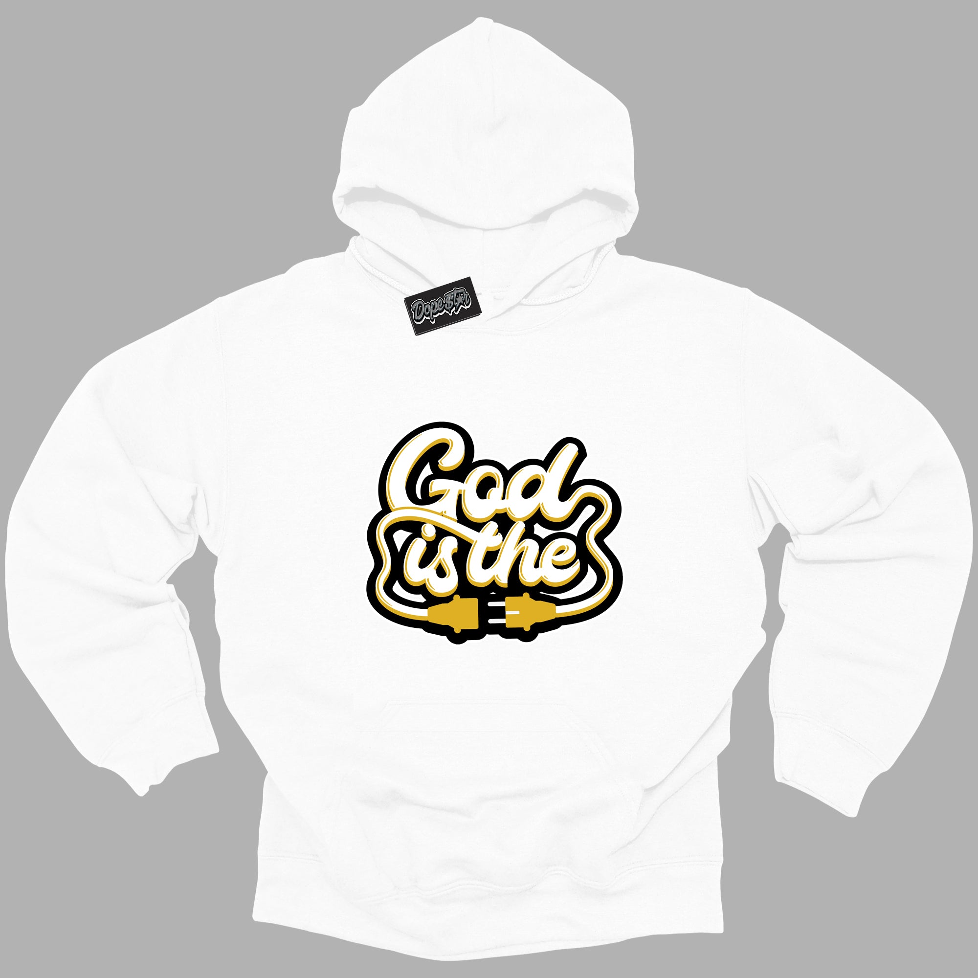 Cool White Hoodie with “ God Is The ” design that Perfectly Matches Yellow Ochre 6s Sneakers.