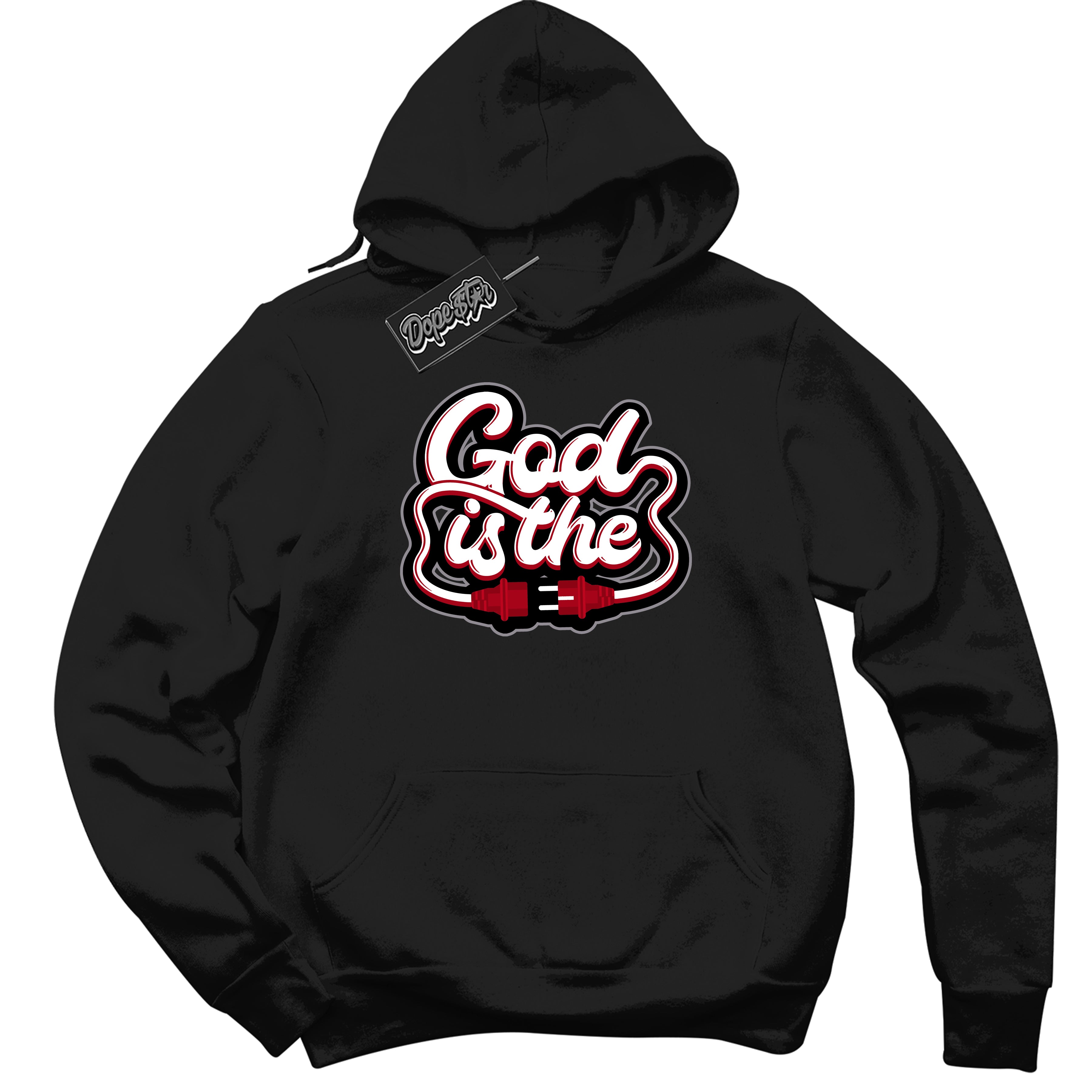 Cool Black Hoodie with “ God Is The ” design that Perfectly Matches Bred Reimagined 4s Jordans.