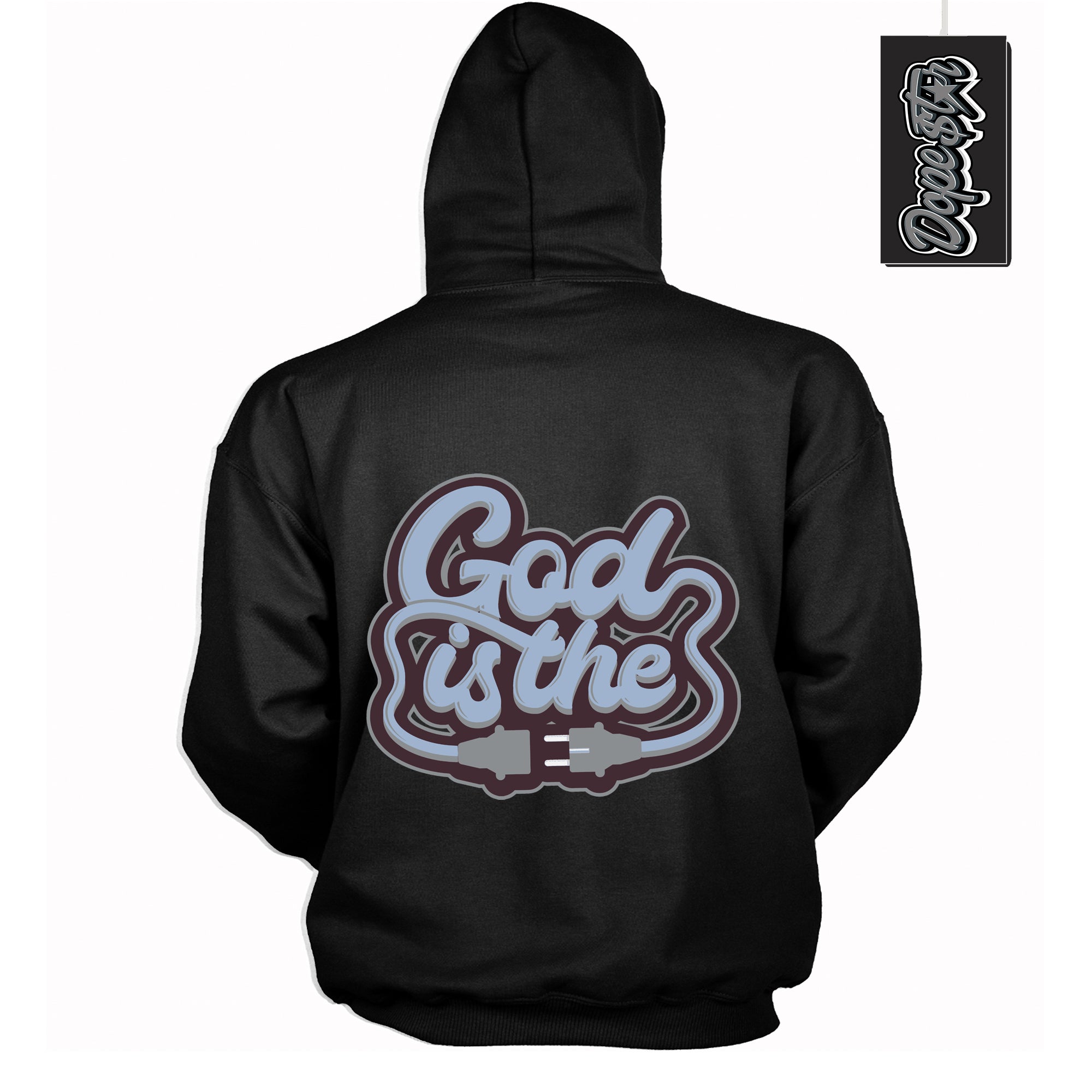 Cool Black Hoodie with “ God Is The ” design that Perfectly Matches Burgundy 5s Sneakers.