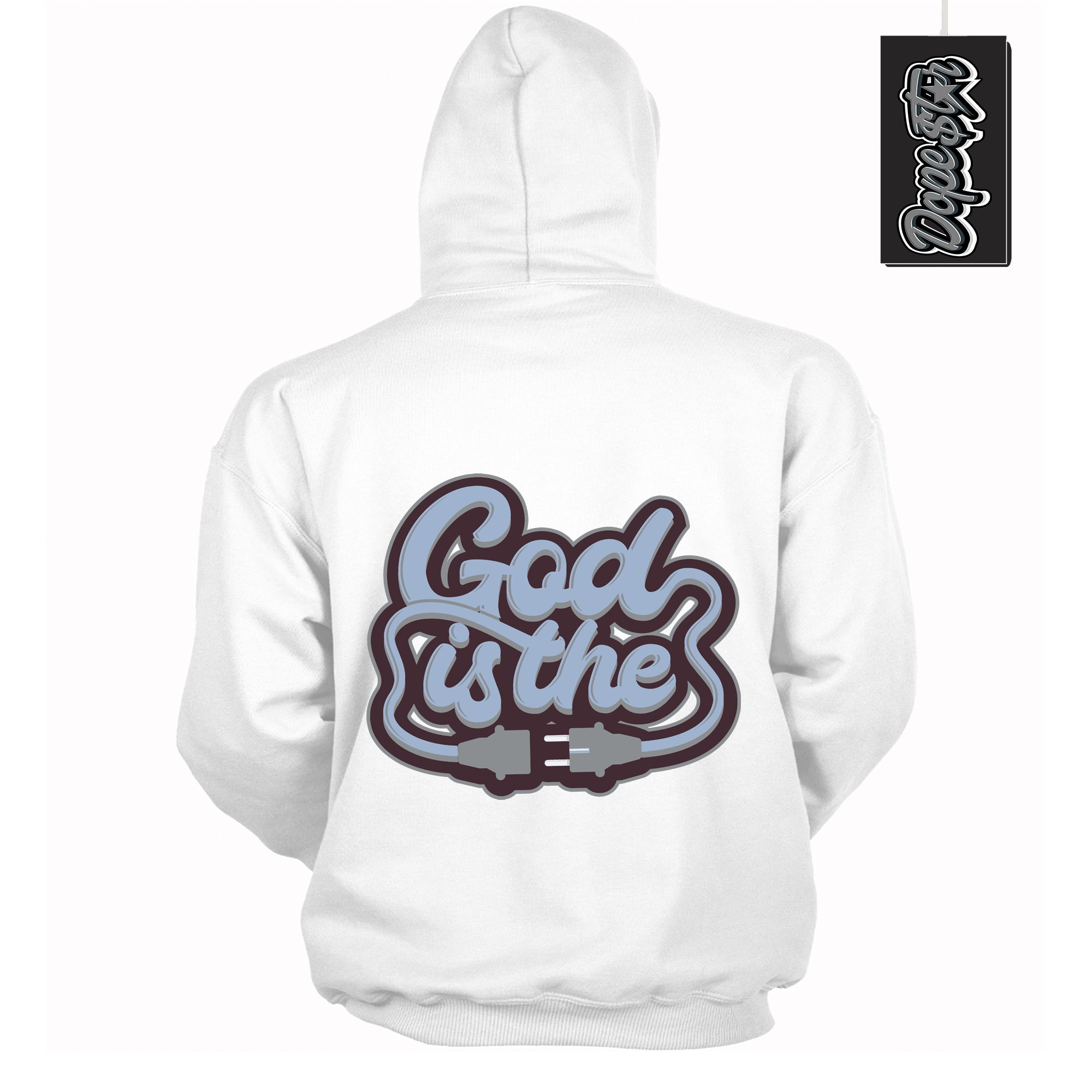 Cool White Hoodie with “ God Is The ” design that Perfectly Matches Burgundy 5s Sneakers.