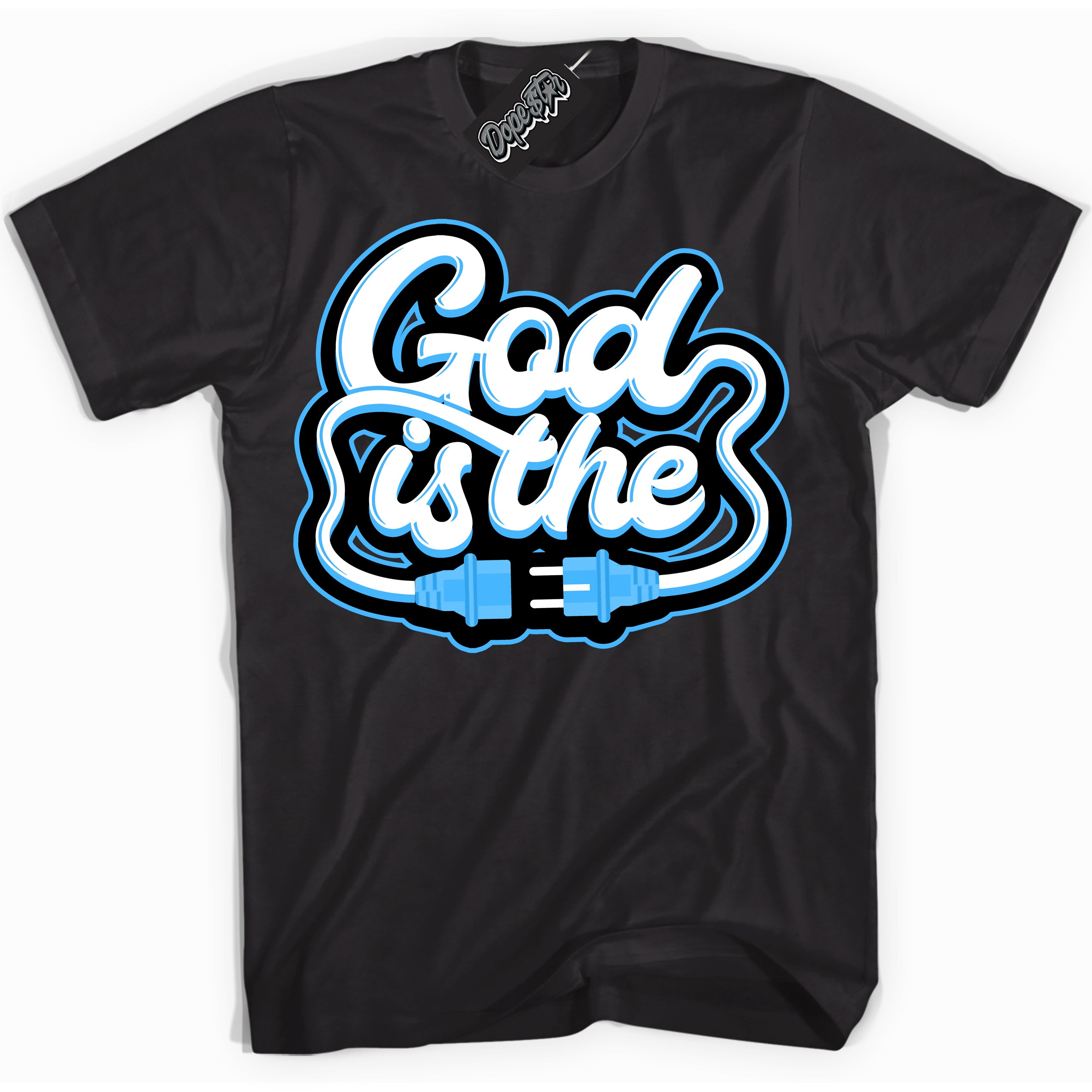 Cool Black graphic tee with “ God Is The ” design, that perfectly matches Powder Blue 9s sneakers