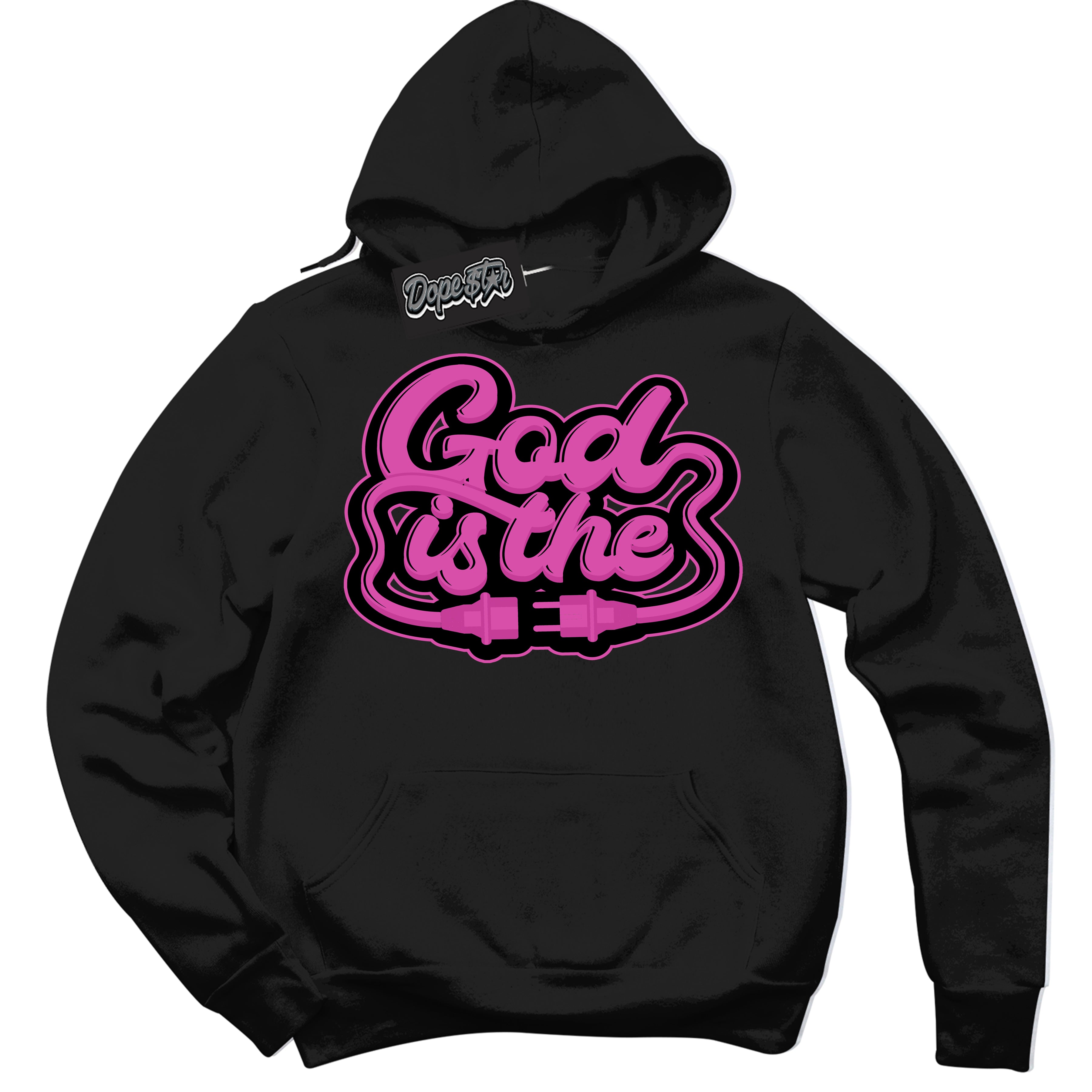Black Hoodie with playful pink and black "God Is The" graphic, made to match Air Max 1 Valentine's Day sneakers | Sneaker Shirts Outlet