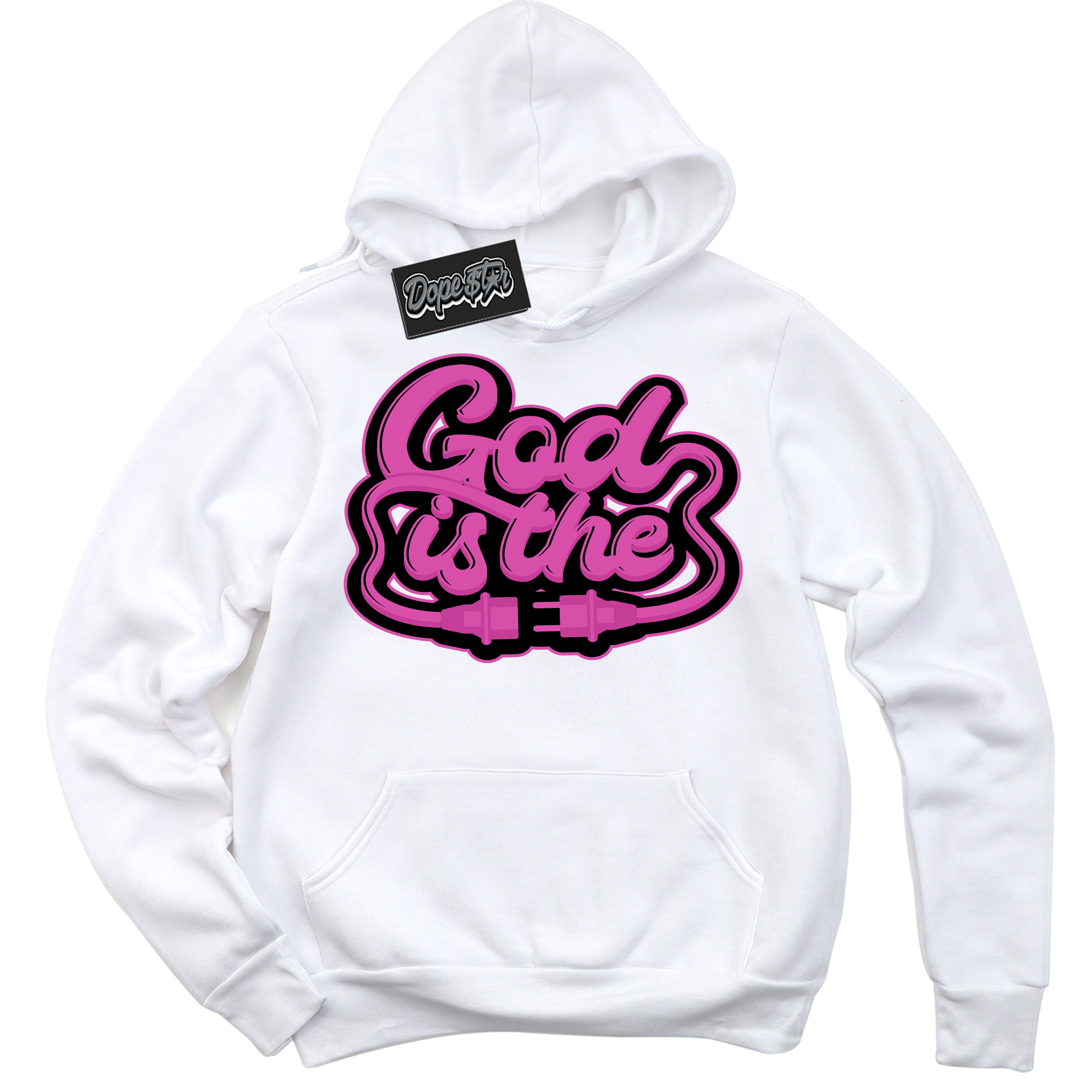 White Hoodie with playful pink and black "God Is The" graphic, made to match Air Max 1 Valentine's Day sneakers | Sneaker Shirts Outlet