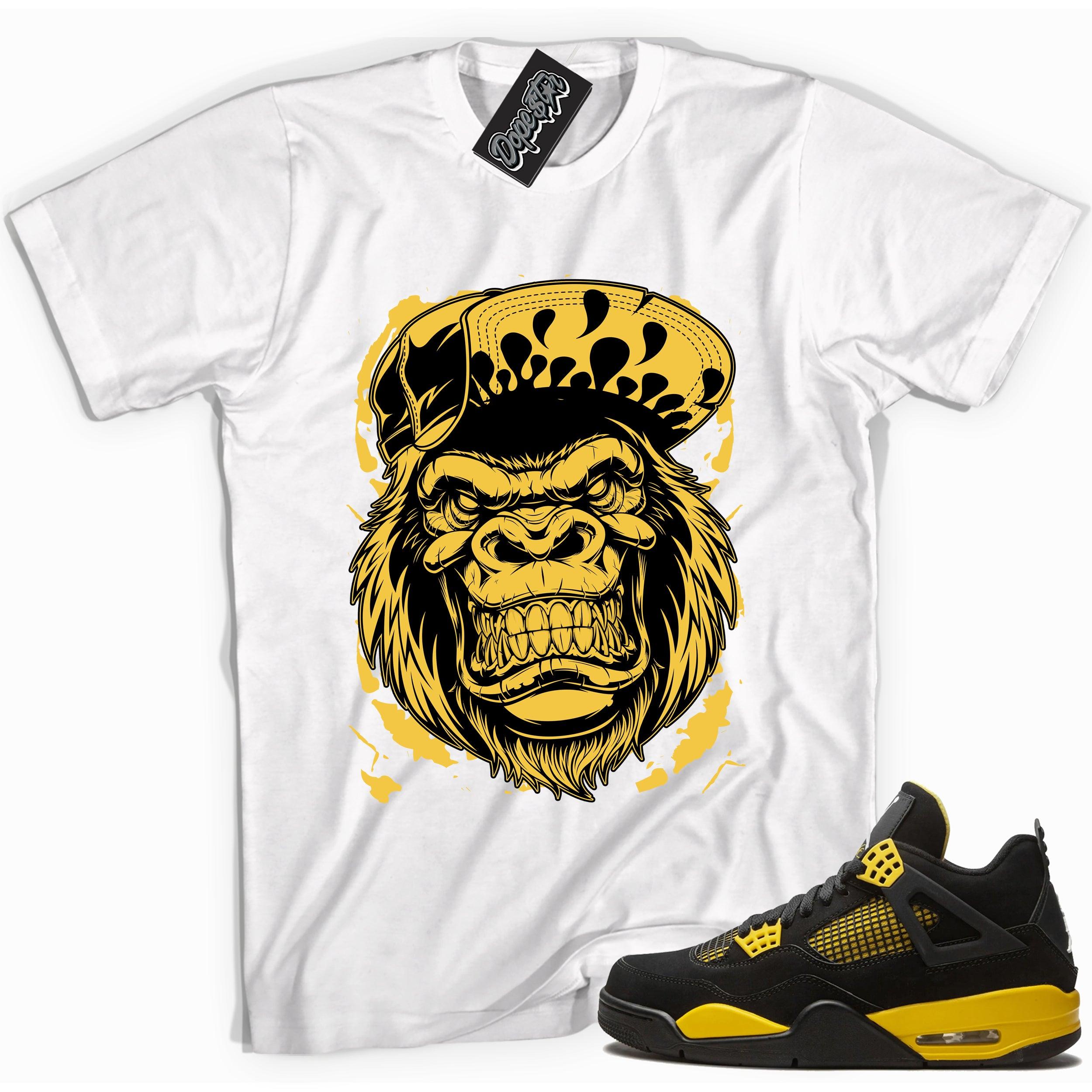 Cool white graphic tee with 'gorilla beast' print, that perfectly matches Air Jordan 4 Thunder sneakers