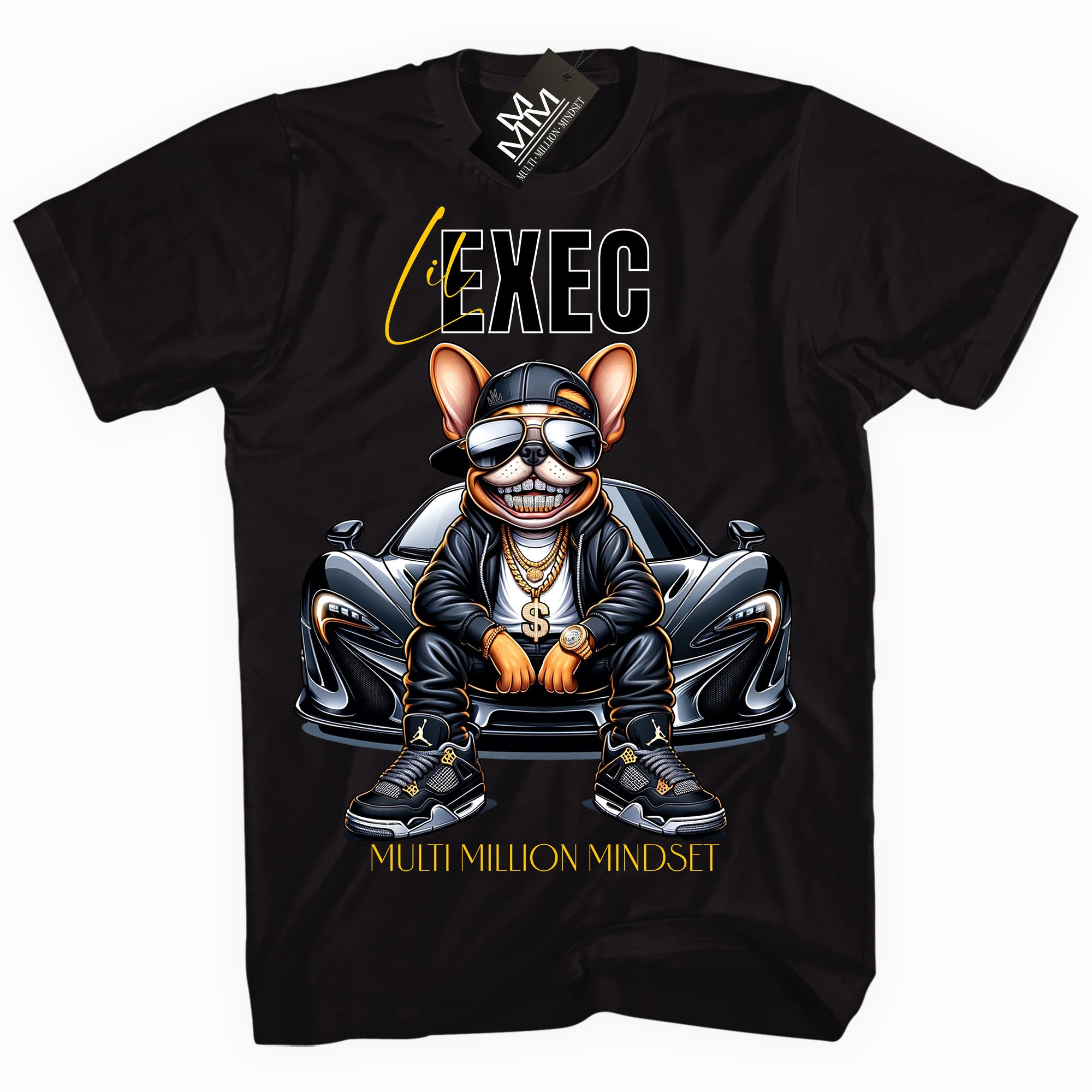 Mind Blowin lil EXEC® Grillin Grind Frenchie Graphic Black Tee By Multi Million Mindset®