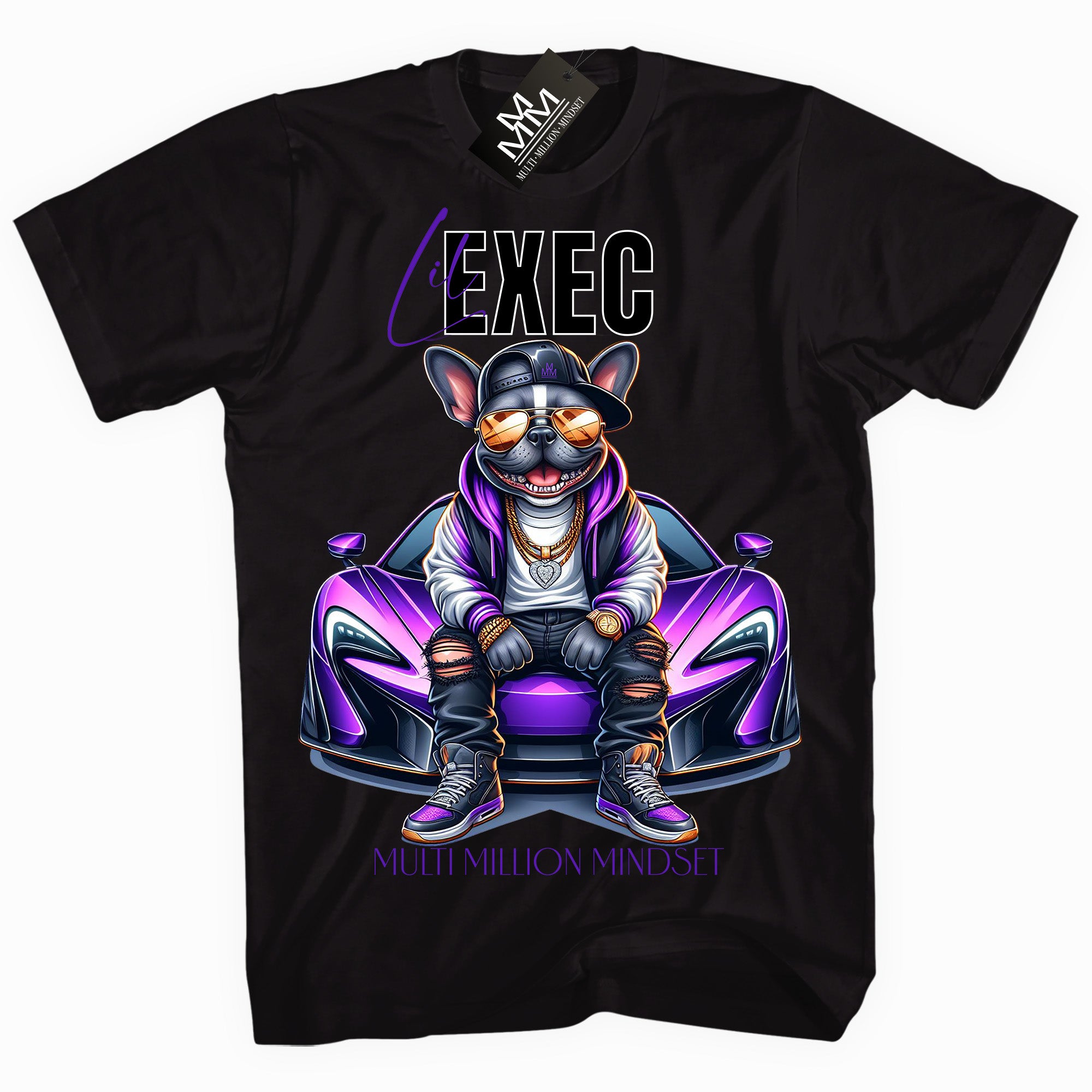 Mind Blowin lil EXEC® Grindin Bright Frenchie Graphic Black Tee By Multi Million Mindset®