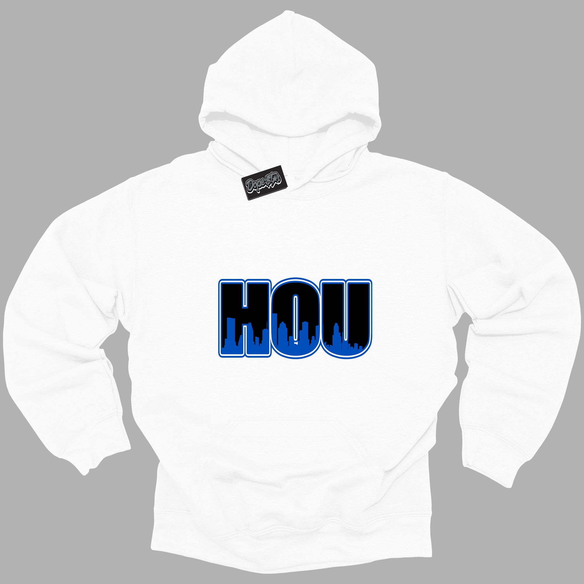Cool White Hoodie with “ Houston ” design that Perfectly Matches Royal Reimagined 1s Sneakers.