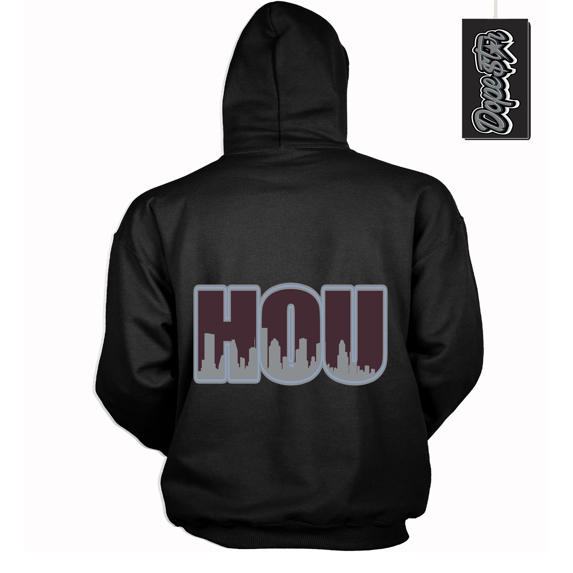 Cool Black Hoodie with “ Houston ” design that Perfectly Matches Burgundy 5s Sneakers.
