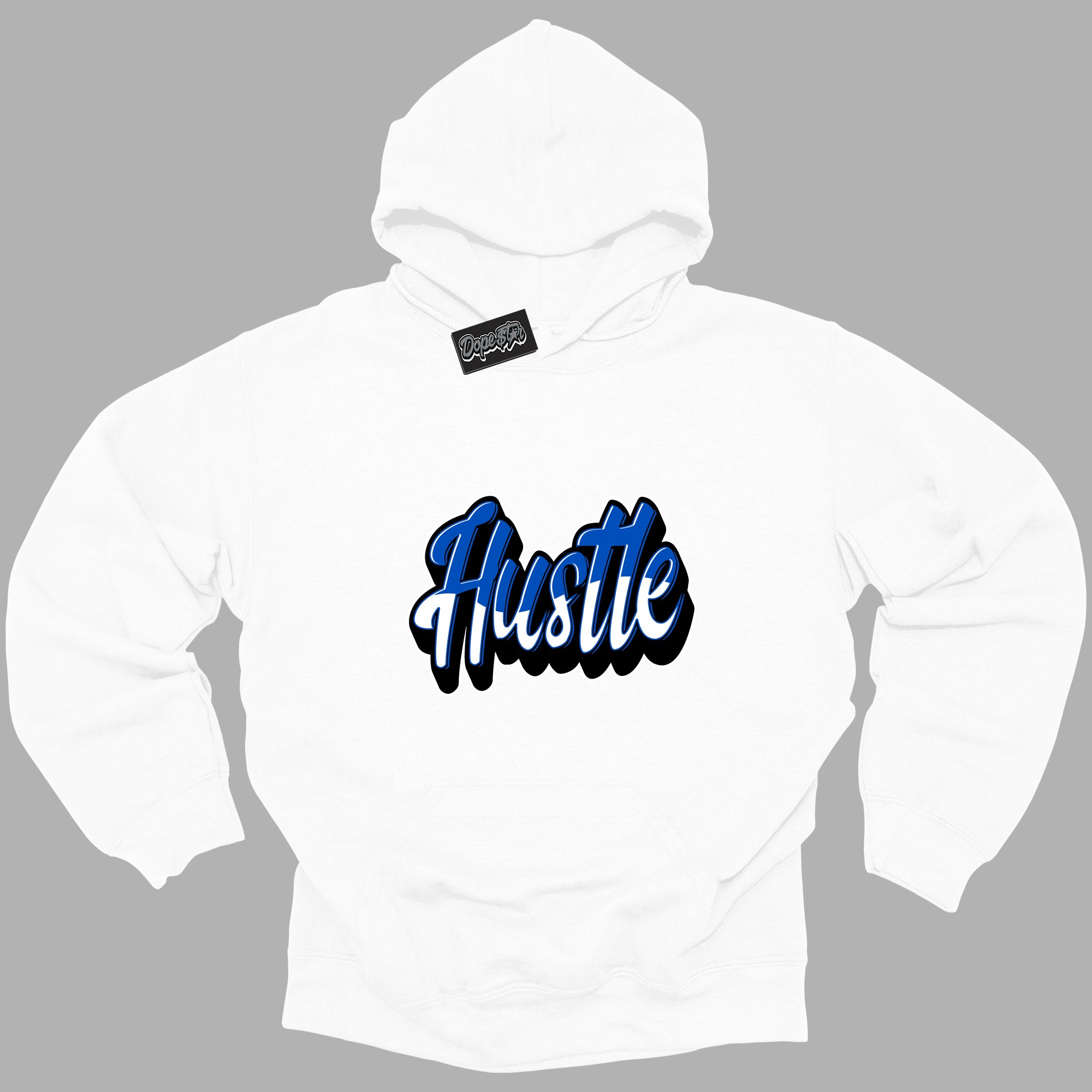 Cool White Hoodie with “ Hustle ” design that Perfectly Matches Royal Reimagined 1s Sneakers.