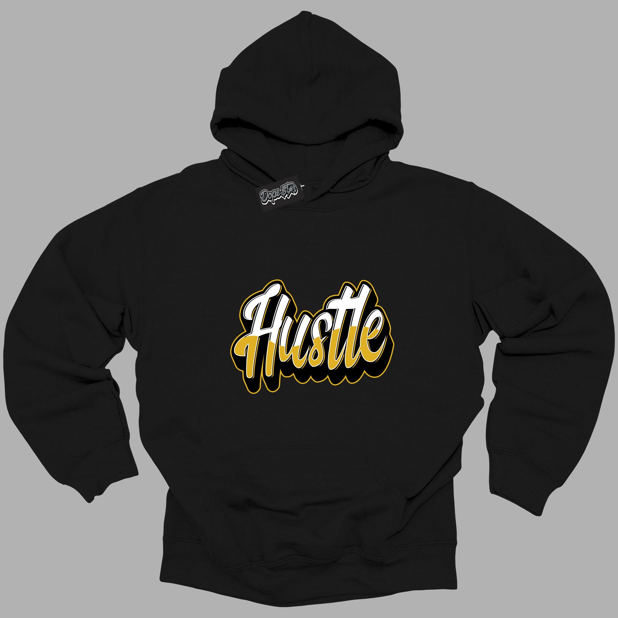 Cool Black Hoodie with “ Hustle ” design that Perfectly Matches Yellow Ochre 6s Sneakers.