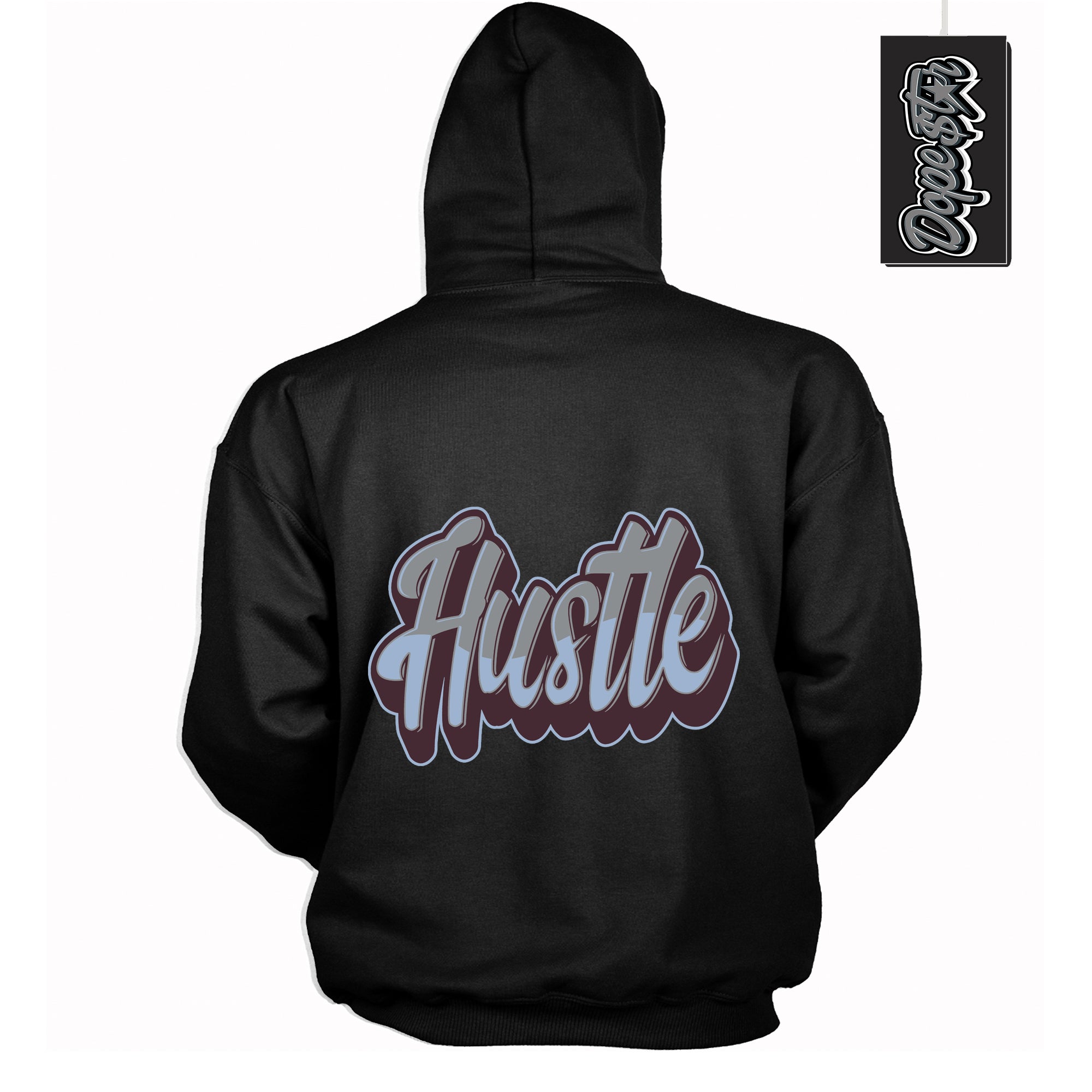 Cool Black Hoodie with “ Hustle ” design that Perfectly Matches Burgundy 5s Sneakers.