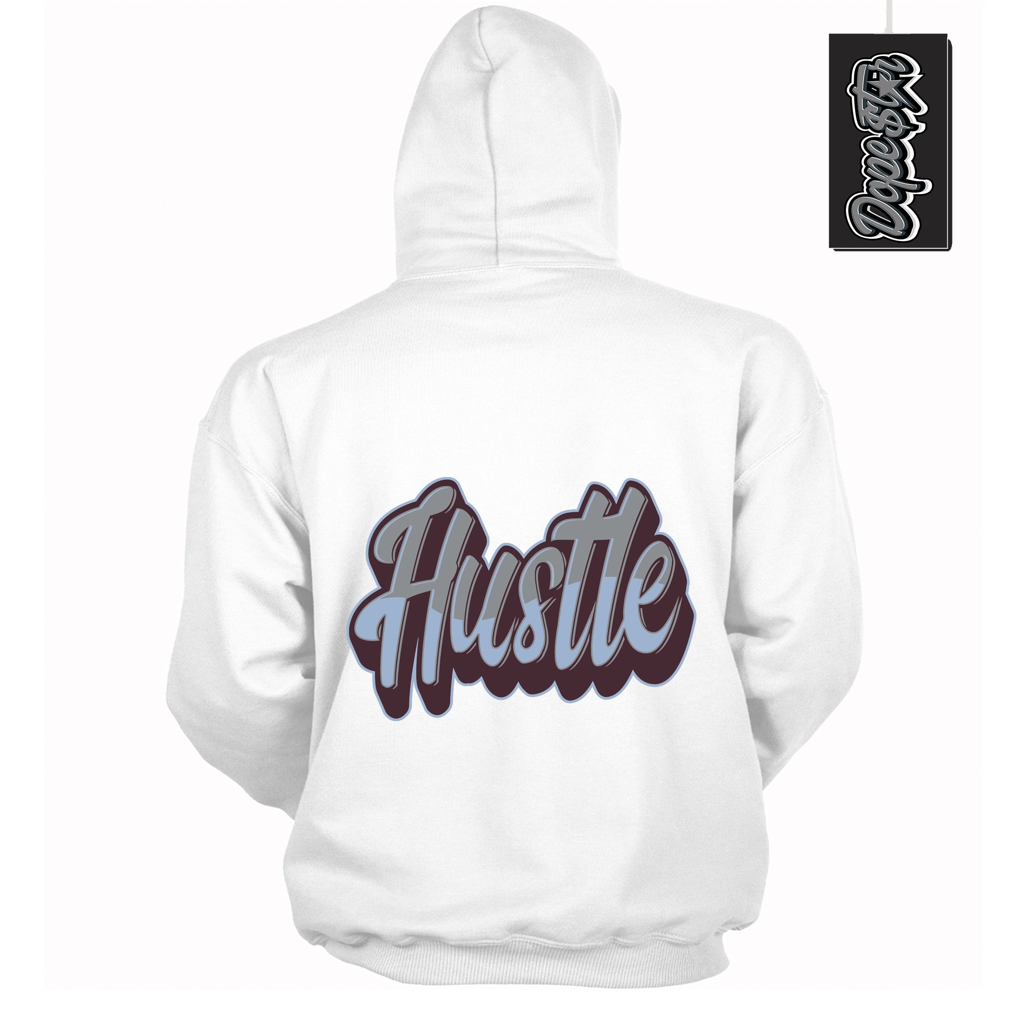 Cool White Hoodie with “ Hustle ” design that Perfectly Matches Burgundy 5s Sneakers.